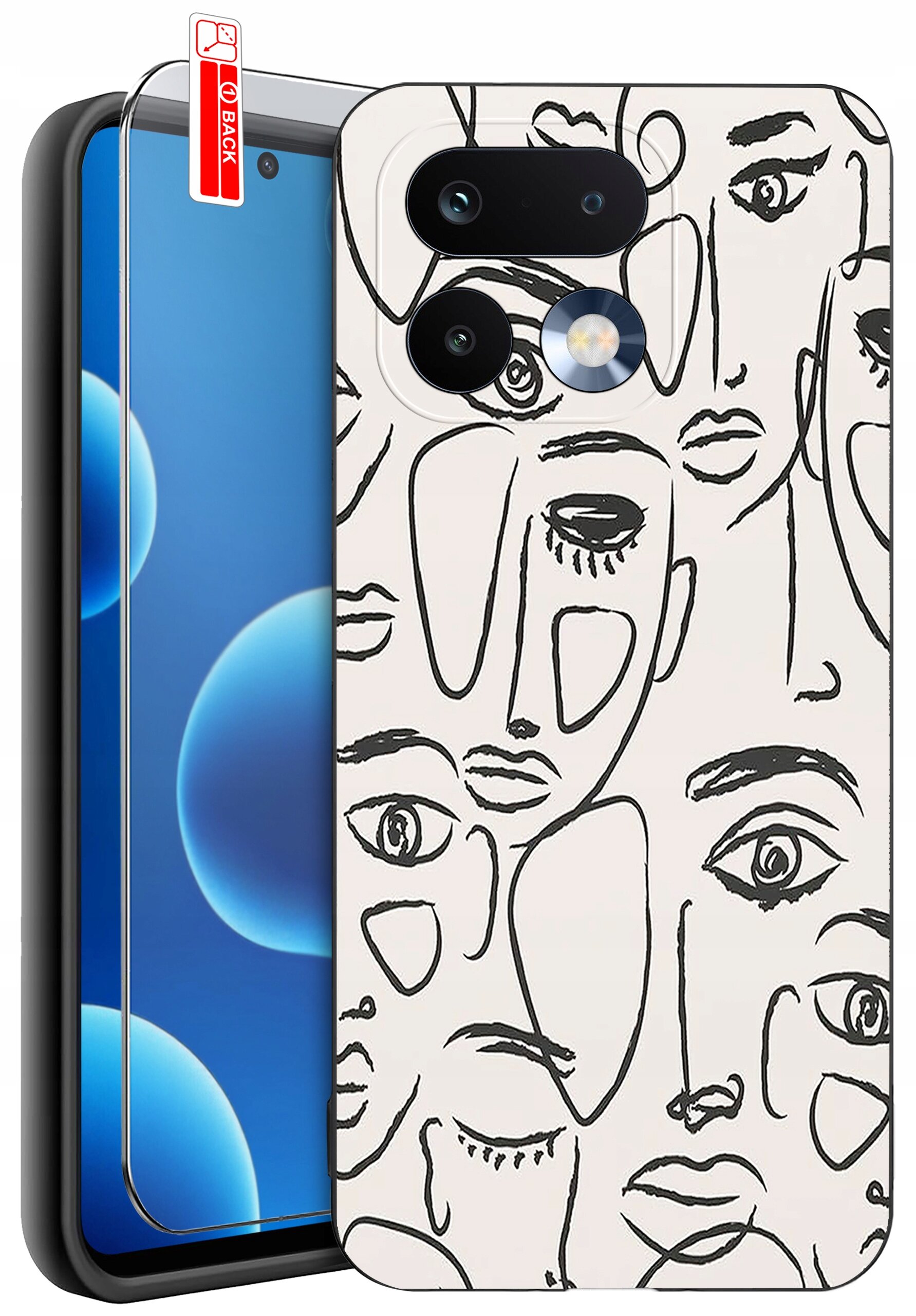 Obraz przedstawia silikonowe etui na telefon z abstrakcyjnym wzorem twarzy w czarnych liniach na białym tle. Obok etui znajduje się szkło ochronne z napisem \'BACK\'.