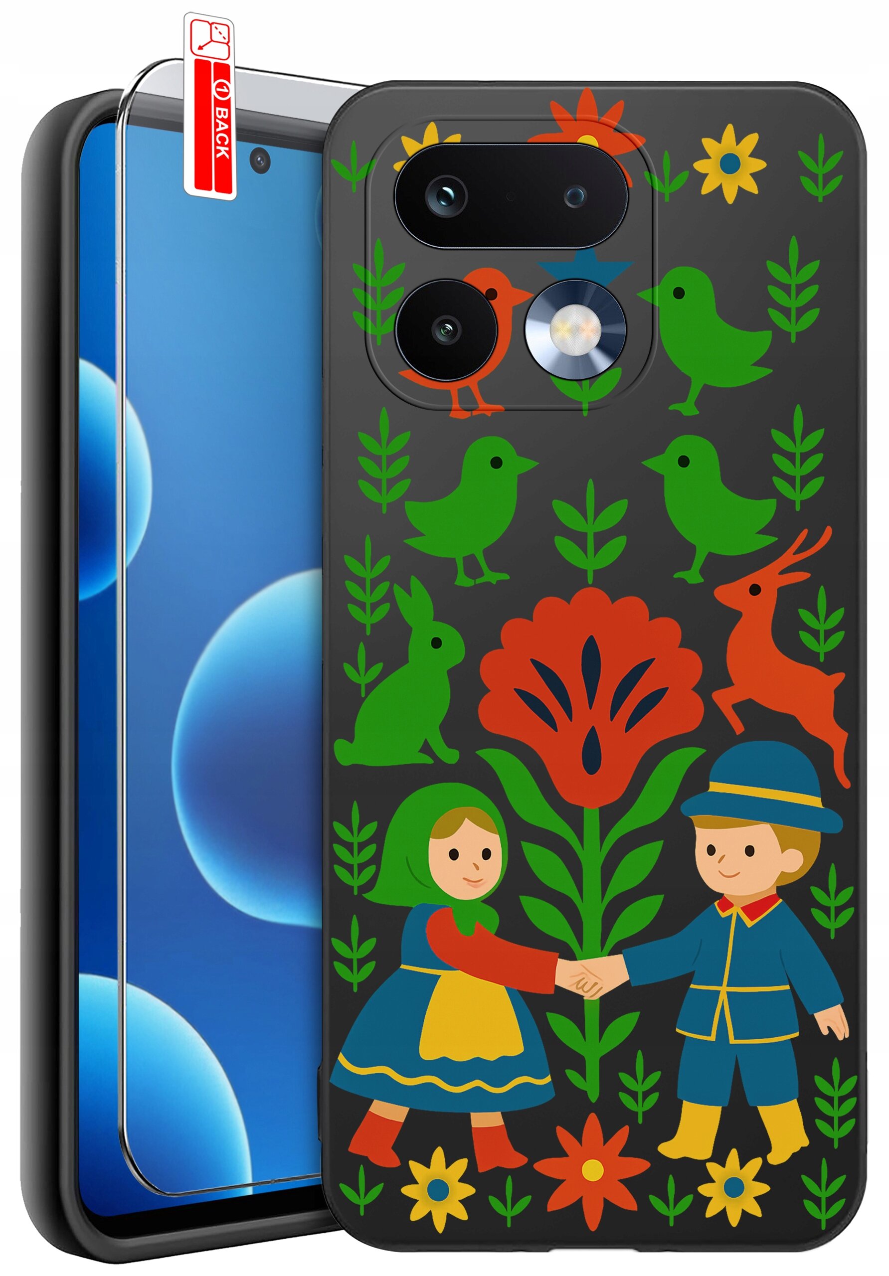 Etui na telefon z kolorowym wzorem przedstawiającym postacie, zwierzęta i rośliny na ciemnym tle. Obok etui znajduje się szkło ochronne z naklejką \'BACK\'.