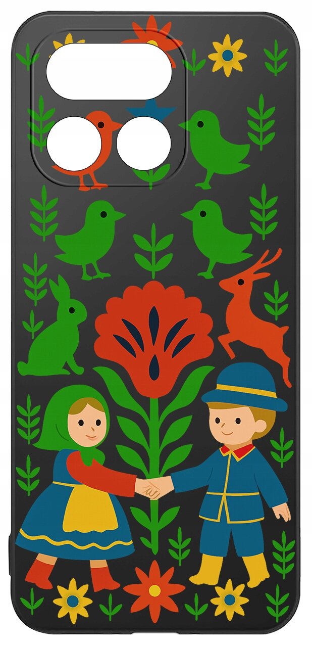 Etui na telefon z kolorowym wzorem przedstawiającym postacie w tradycyjnych strojach, otoczone kwiatami, ptakami i zwierzętami na czarnym tle.