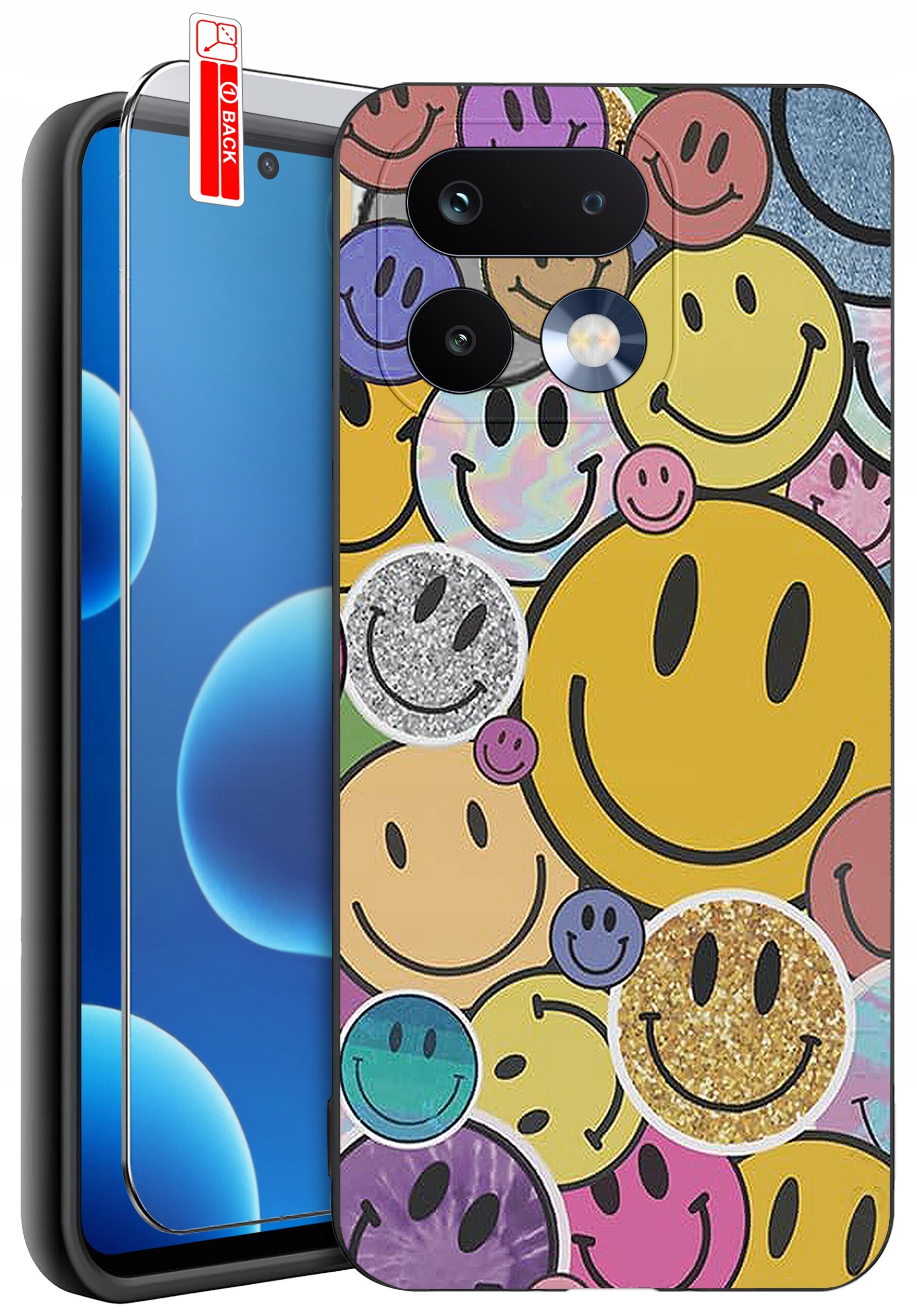 Etui na telefon z kolorowymi wzorami uśmiechniętych buziek oraz szkło ochronne z napisem \'BACK\'.