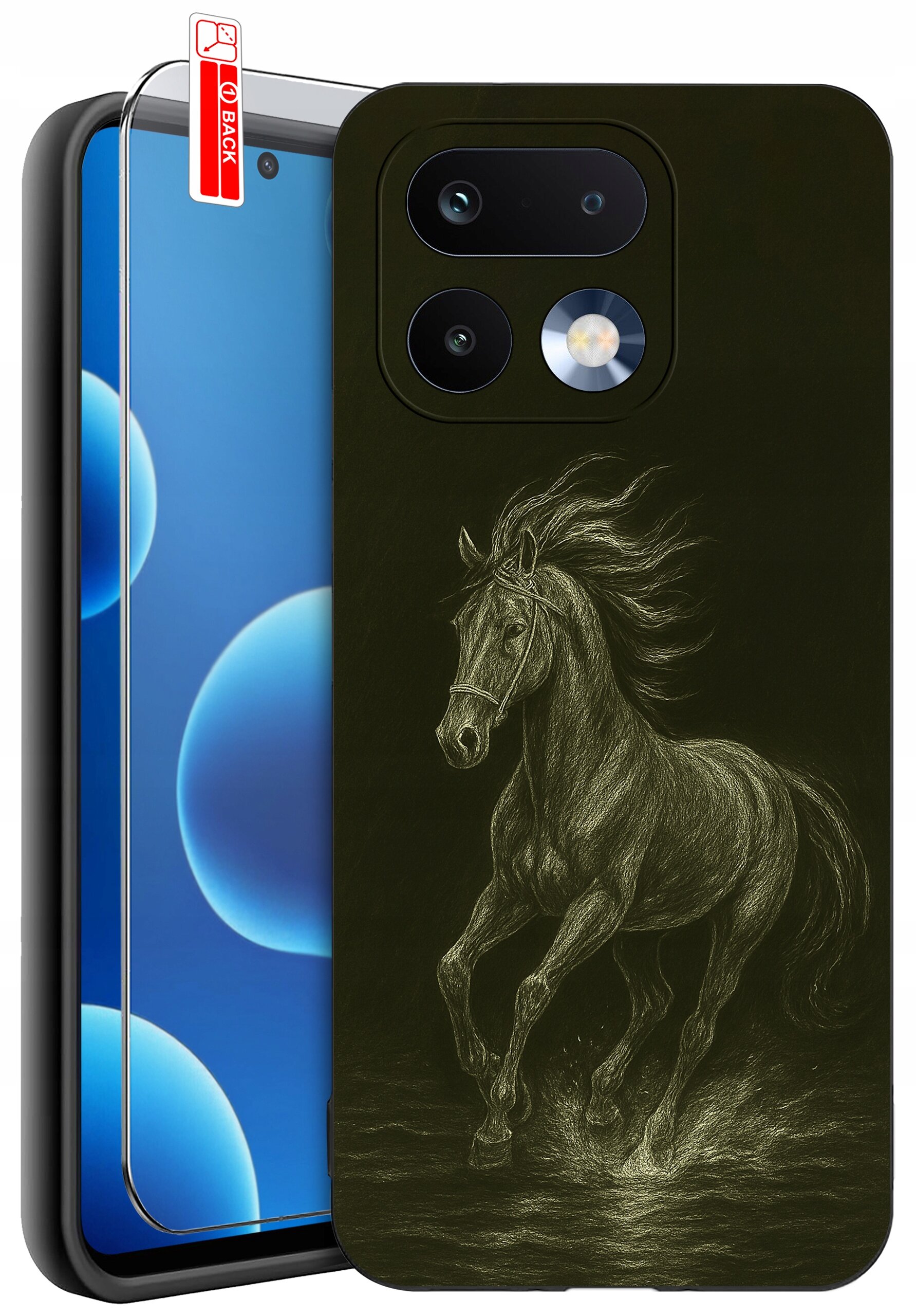 Obraz przedstawia silikonowe etui na telefon z rysunkiem galopującego konia oraz szkło ochronne z napisem \'BACK\'.