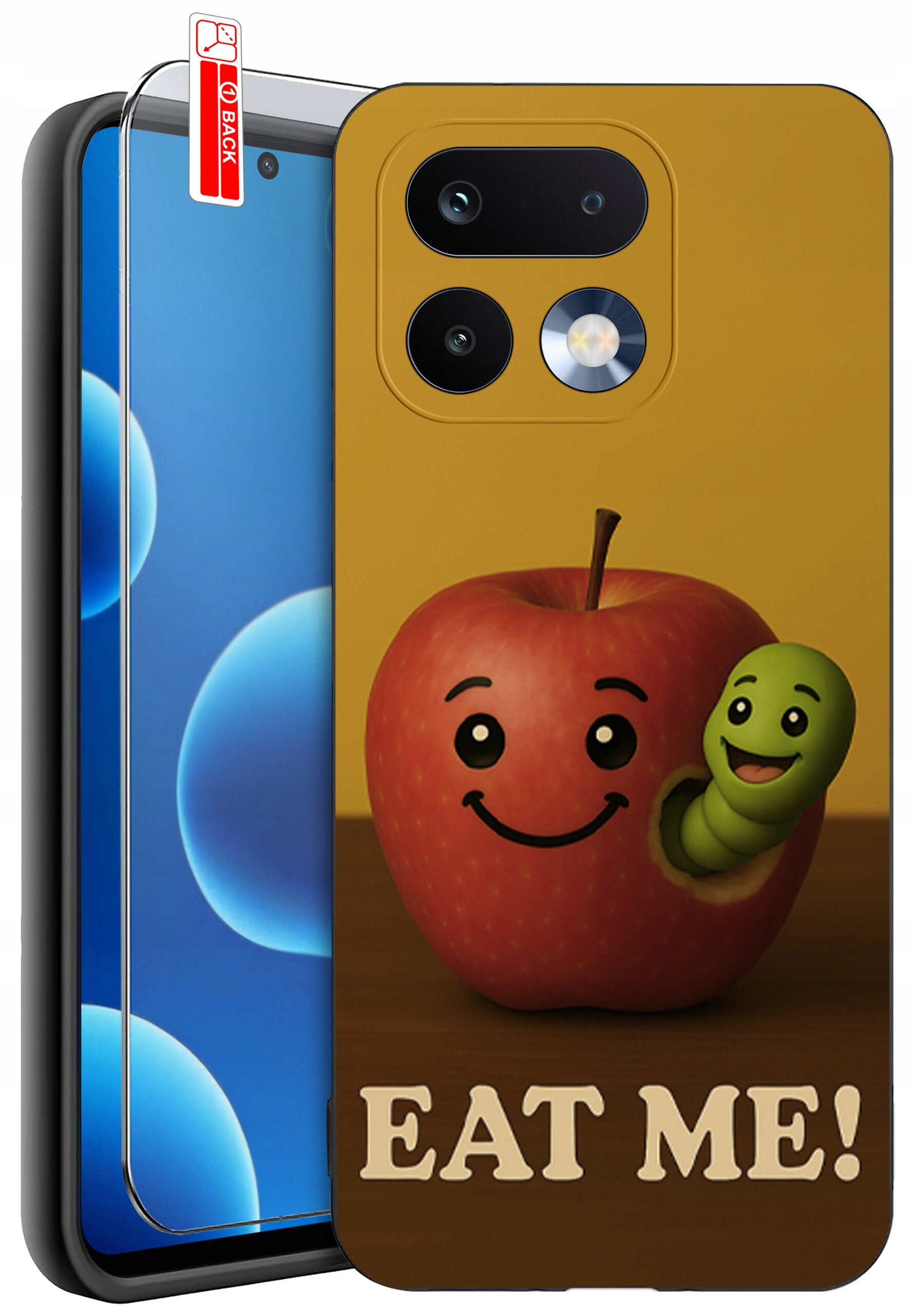 Etui na telefon z grafiką przedstawiającą uśmiechnięte jabłko z robakiem oraz napisem \'EAT ME!\'. Obok etui znajduje się szkło ochronne z oznaczeniem \'BACK\'.