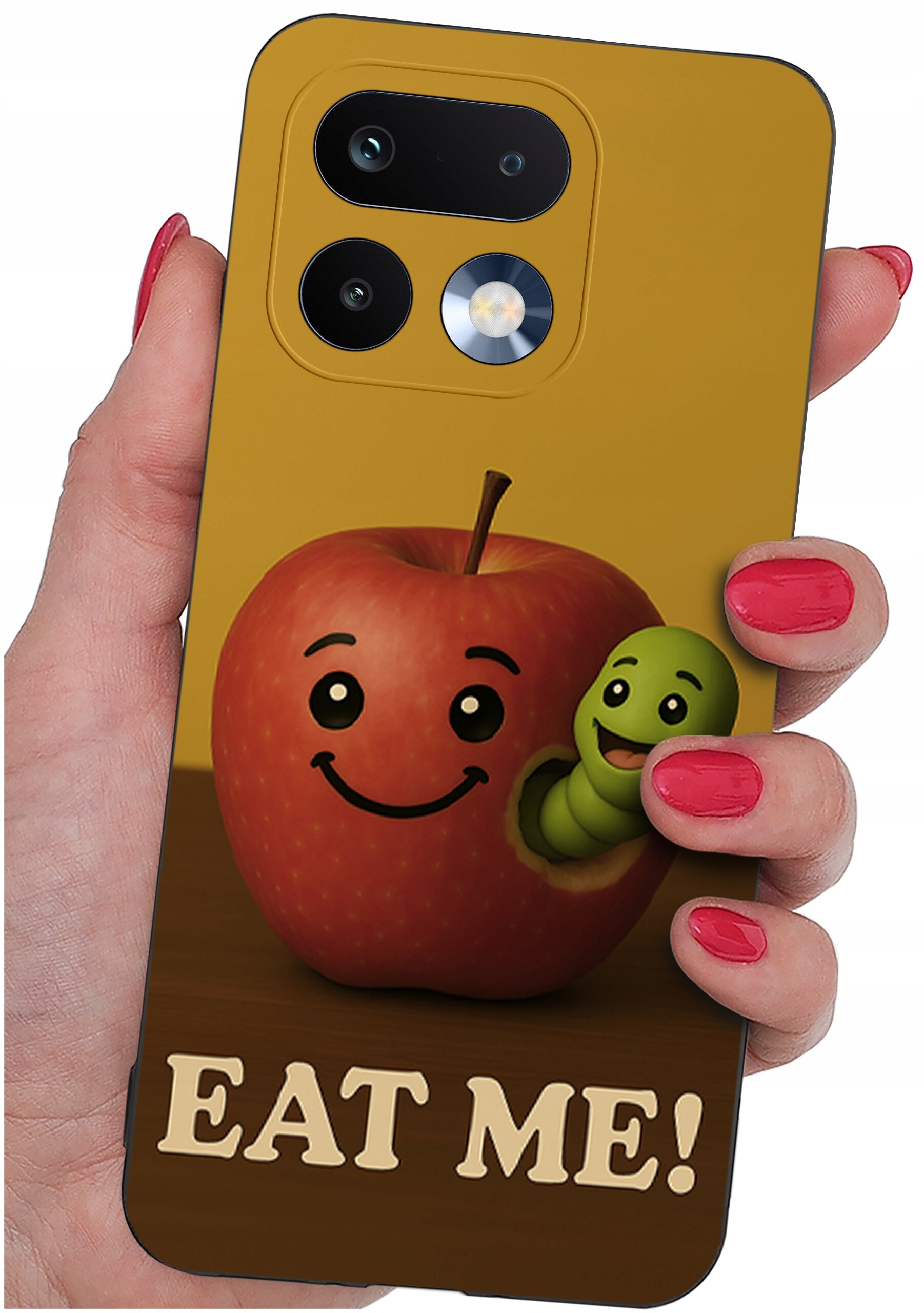 Etui na telefon z grafiką uśmiechniętego jabłka i robaka oraz napisem \'EAT ME!\'.