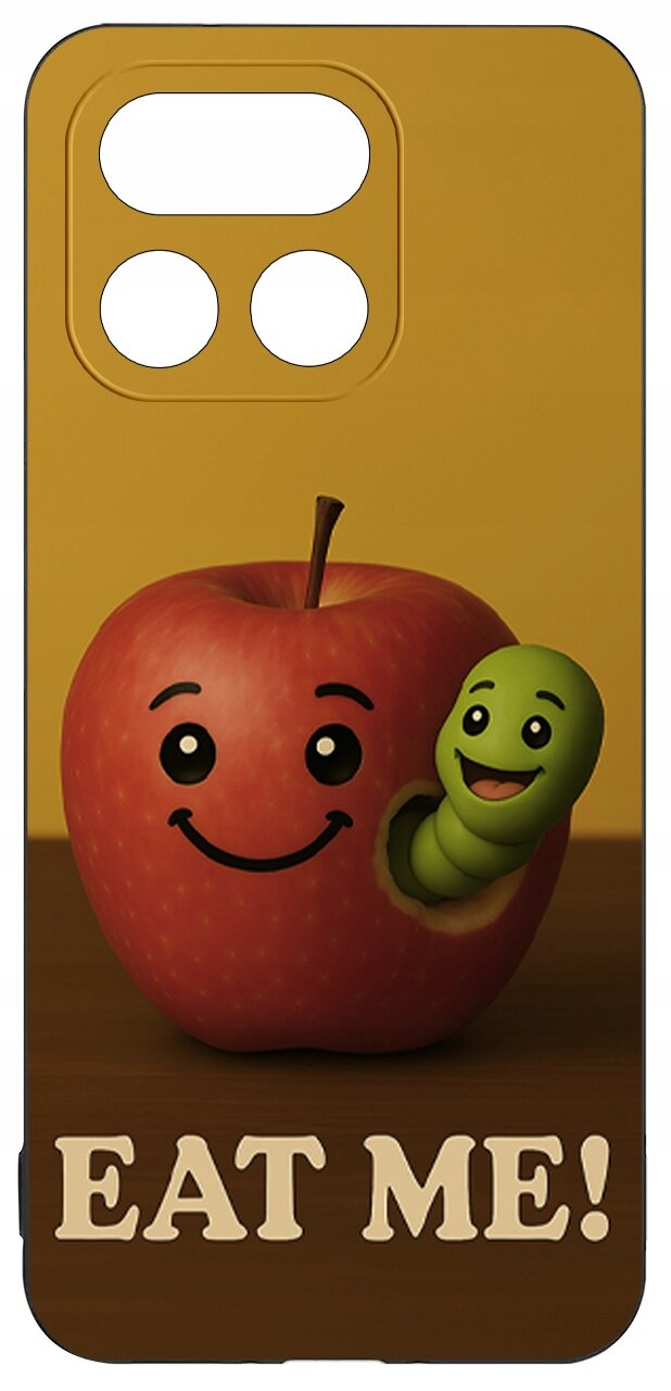 Etui przedstawia uśmiechnięte jabłko z robakiem wychodzącym z jego wnętrza. Na dole widnieje napis \'EAT ME!\'.