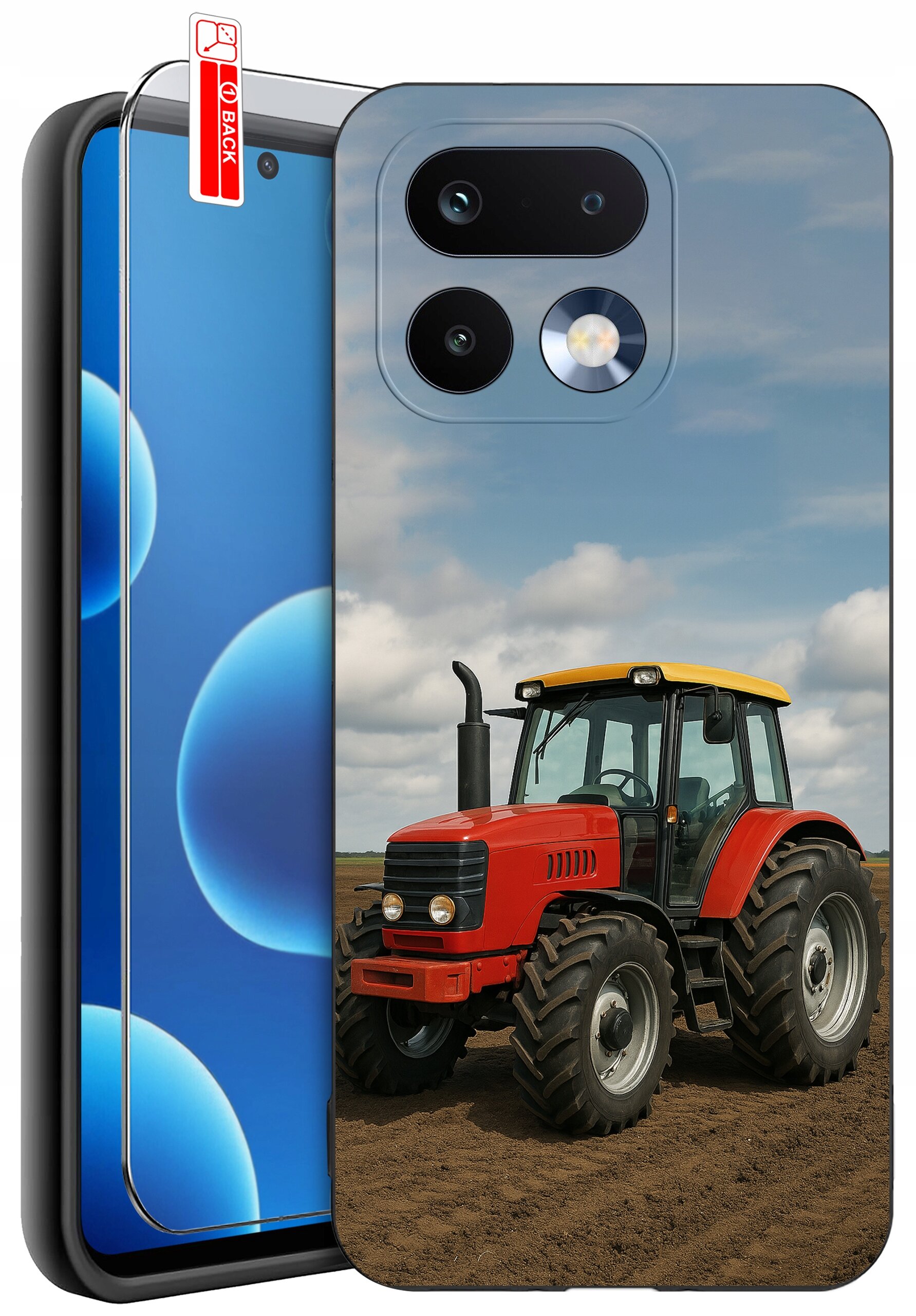 Etui na telefon z nadrukiem czerwonego traktora na tle pola i nieba. Obok widoczna jest szybka ochronna z napisem \'BACK\'.
