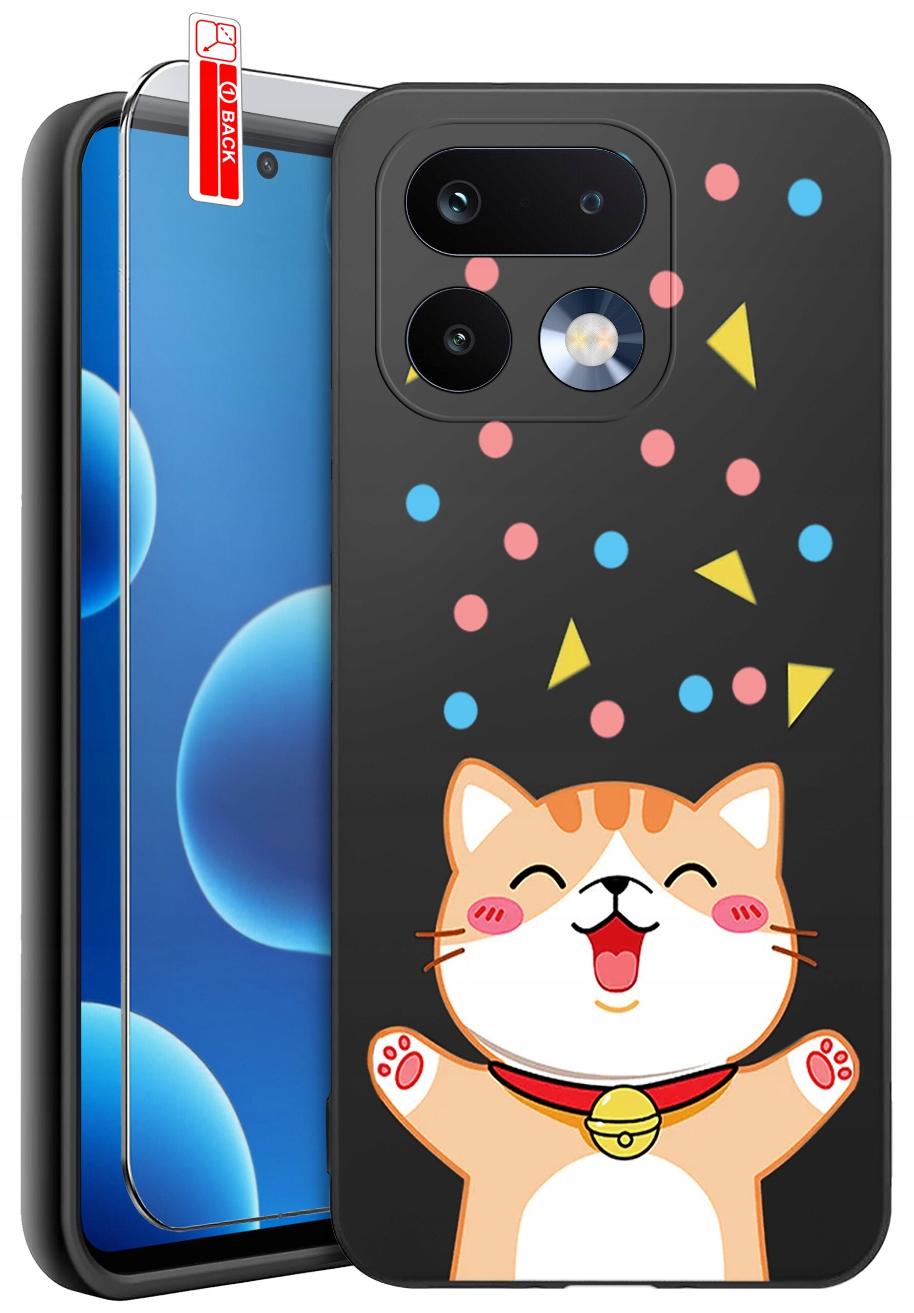 Etui na telefon z rysunkiem uśmiechniętego kota i kolorowymi kształtami na czarnym tle. Obok znajduje się szkło ochronne z napisem \'BACK\'.
