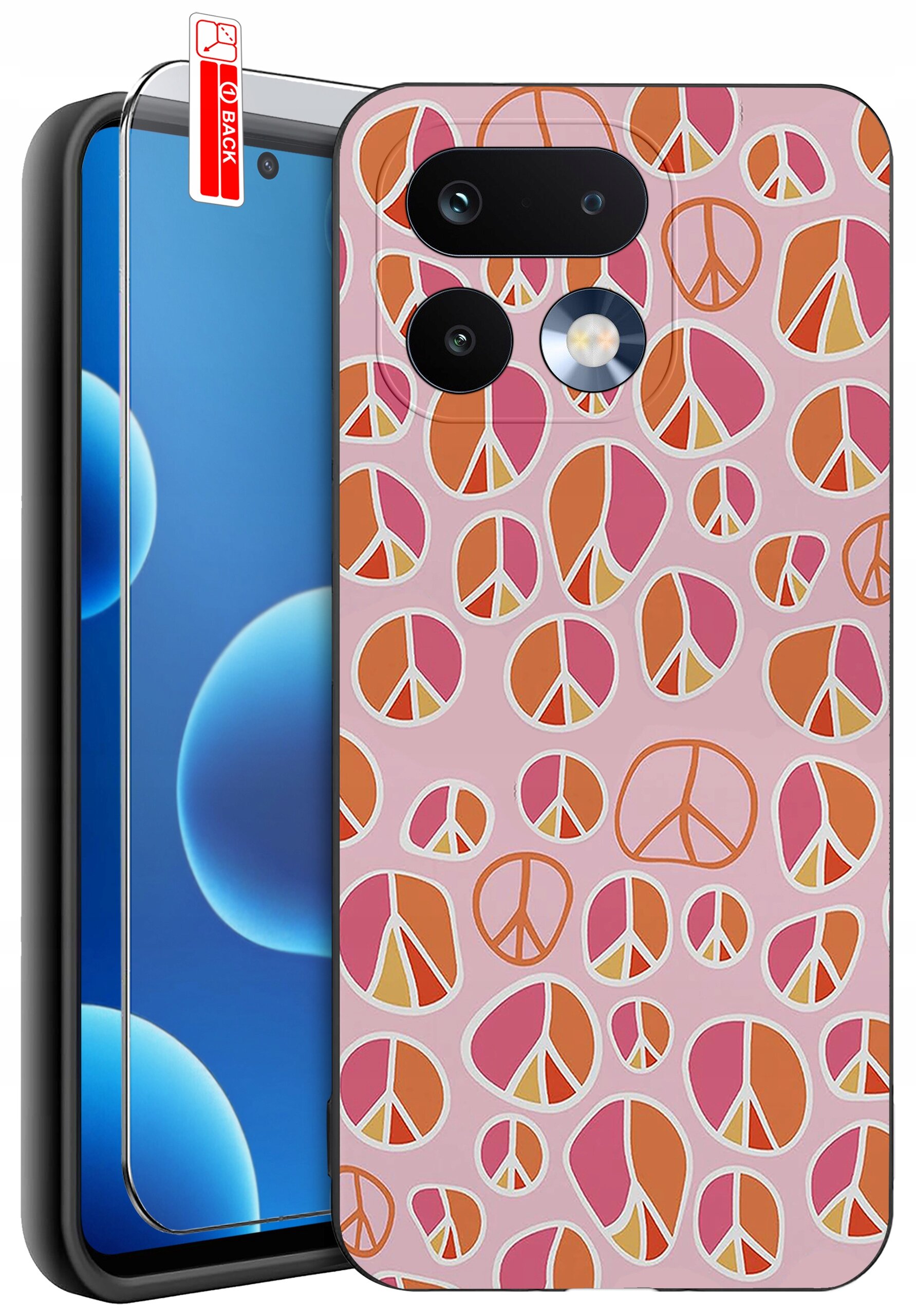 Etui na telefon z kolorowym wzorem symboli pokoju na różowym tle, obok znajduje się szkło ochronne z napisem \'BACK\'.