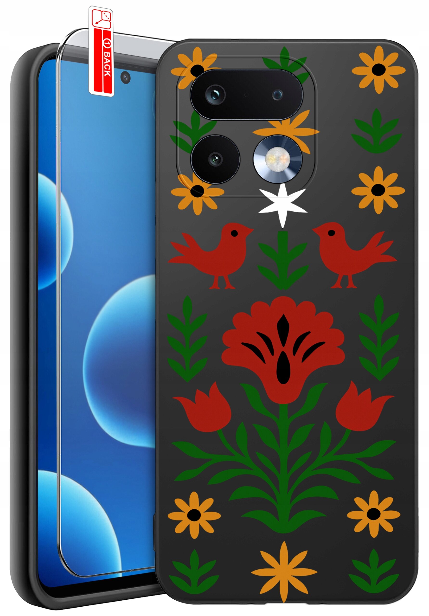 Na obrazie widoczne jest etui na telefon z kolorowym wzorem przedstawiającym kwiaty i ptaki. Obok etui znajduje się szkło ochronne z napisem \'BACK\'.