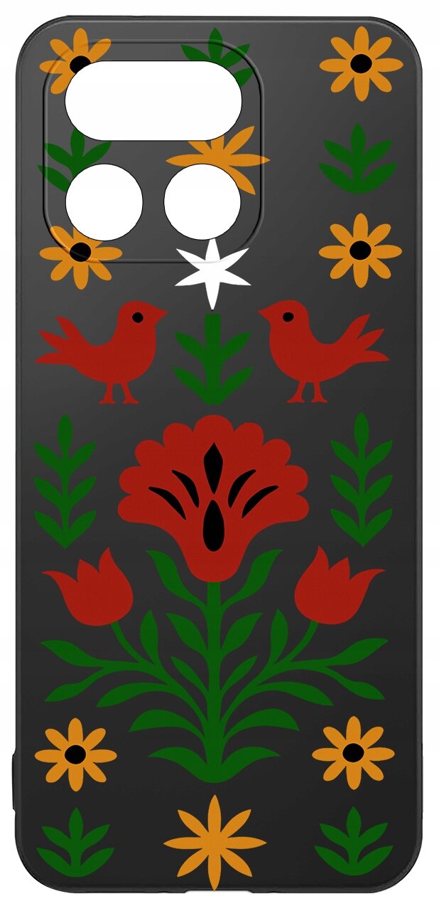 Etui na telefon z kolorowym wzorem przedstawiającym czerwone ptaki i kwiaty na czarnym tle.