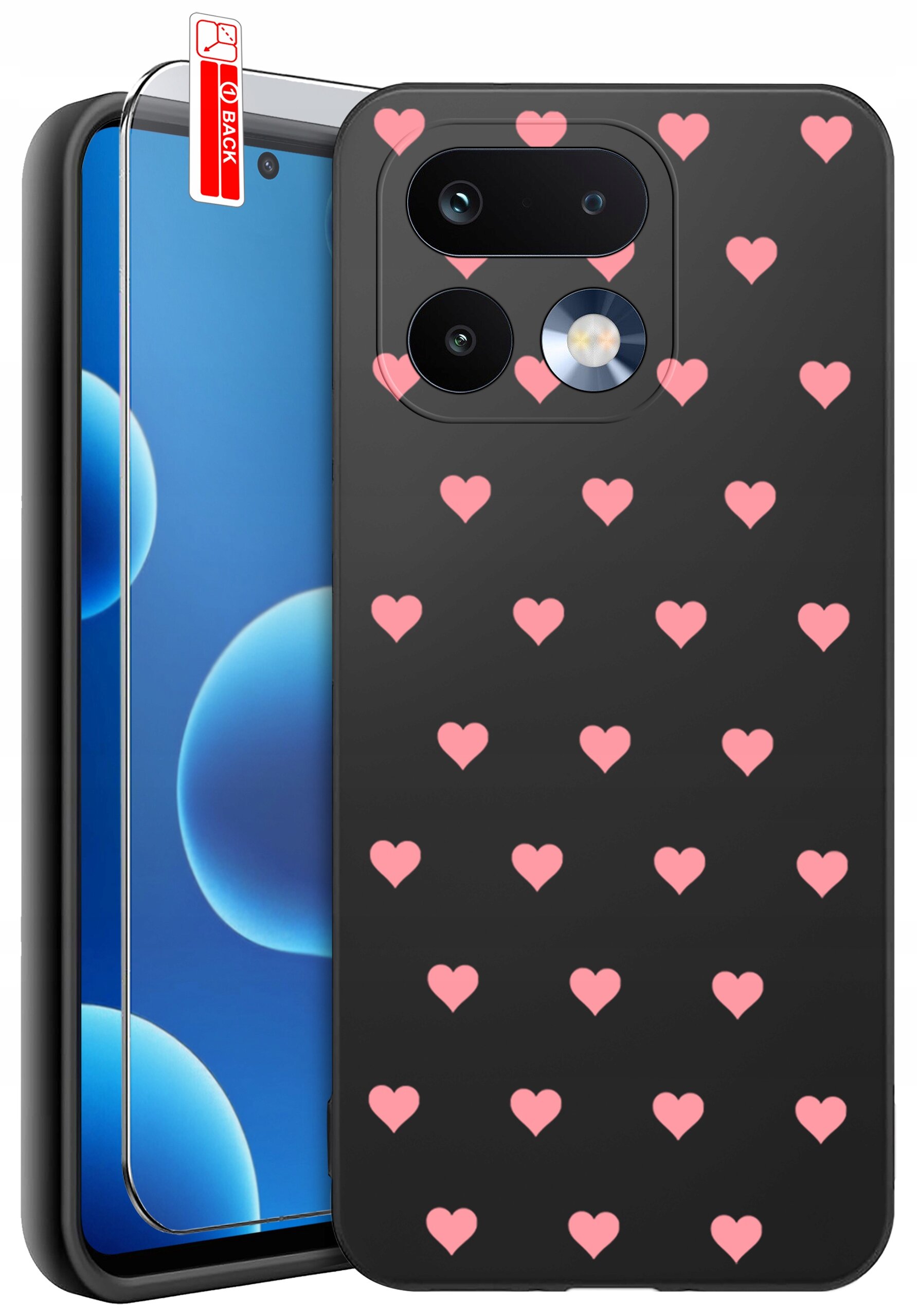 Czarne etui na telefon z różowymi serduszkami oraz szkło ochronne z napisem \'BACK\'.