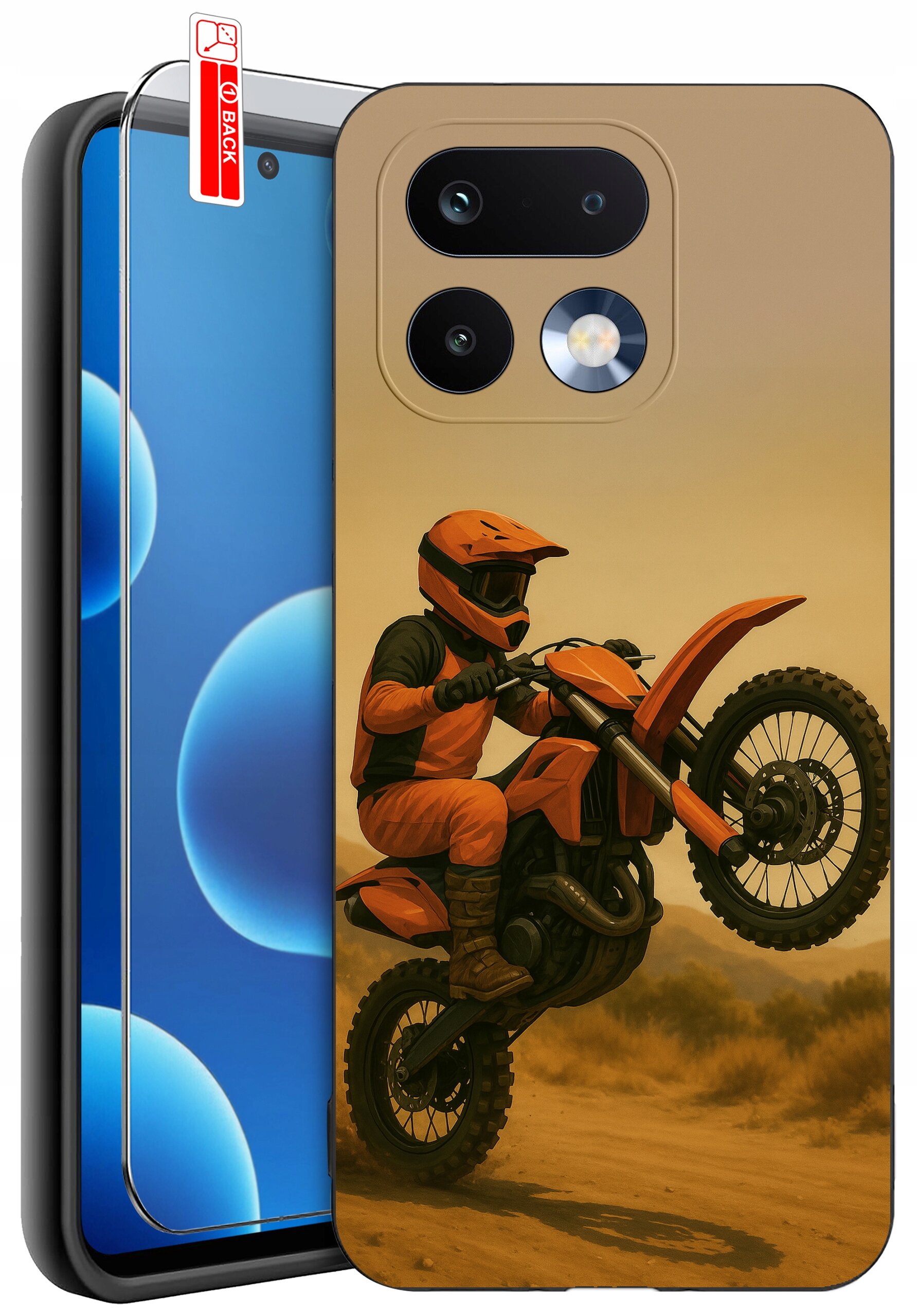 Etui na telefon z nadrukiem motocyklisty na motocyklu w terenie, obok widoczne szkło ochronne z napisem \'BACK\'.
