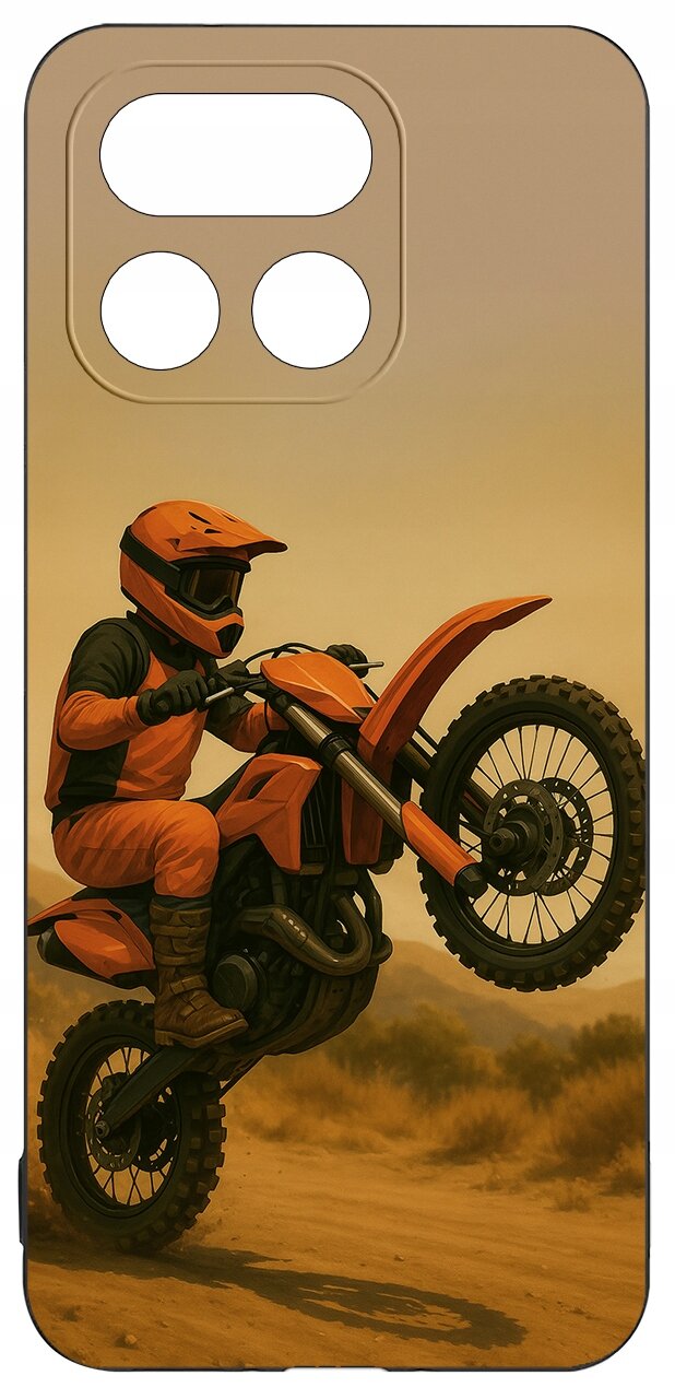 Etui na telefon z nadrukiem motocyklisty w pomarańczowym stroju wykonującego akrobację na motocyklu terenowym. Tło jest w odcieniach brązu, przypominające pustynny krajobraz.