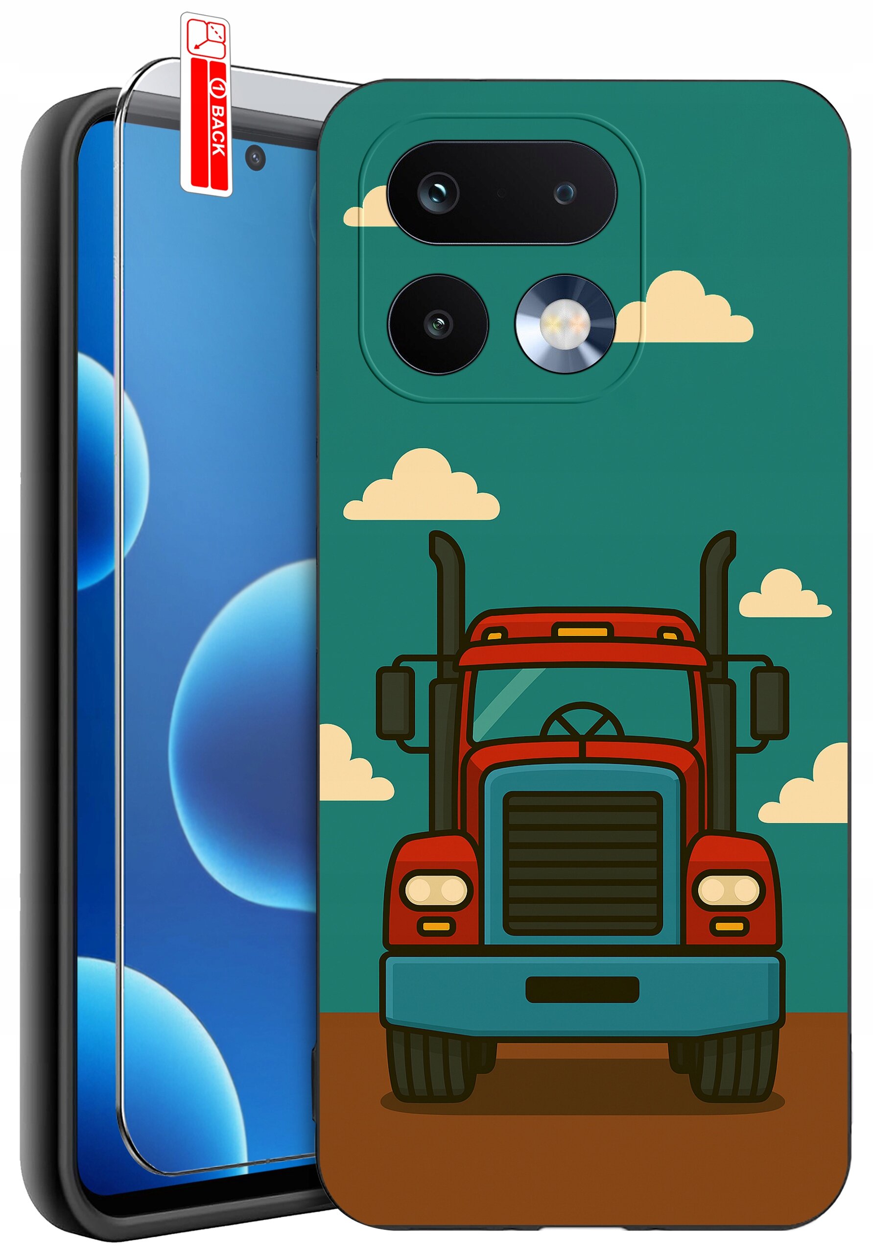 Etui na telefon z nadrukiem czerwonej ciężarówki na tle nieba z chmurami. Obok etui znajduje się szkło ochronne z oznaczeniem \'BACK\'.