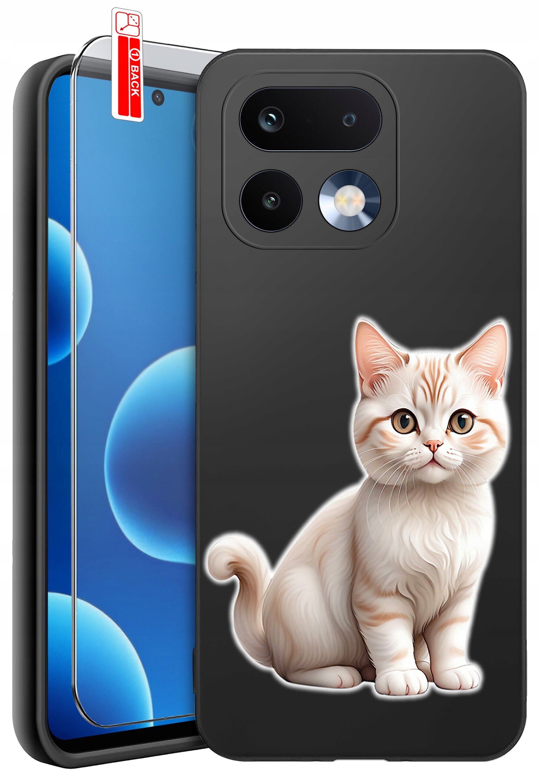 Obraz przedstawia silikonowe etui na telefon z nadrukiem kota oraz szkło ochronne z napisem \'BACK\'.