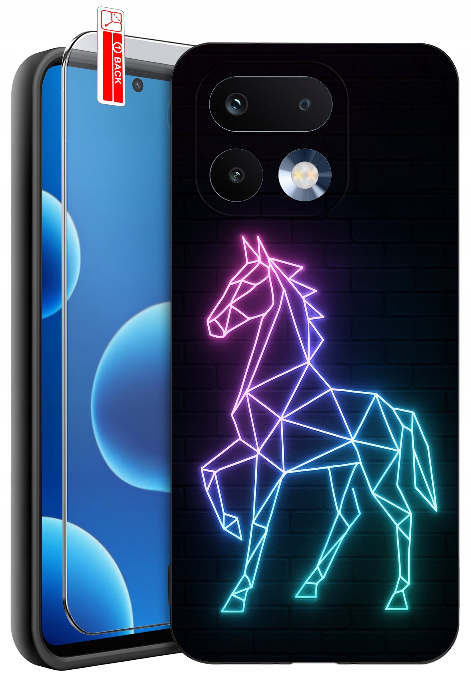 Etui na telefon z neonowym wzorem konia w geometrycznym stylu, obok szkło ochronne z napisem \'BACK\'.