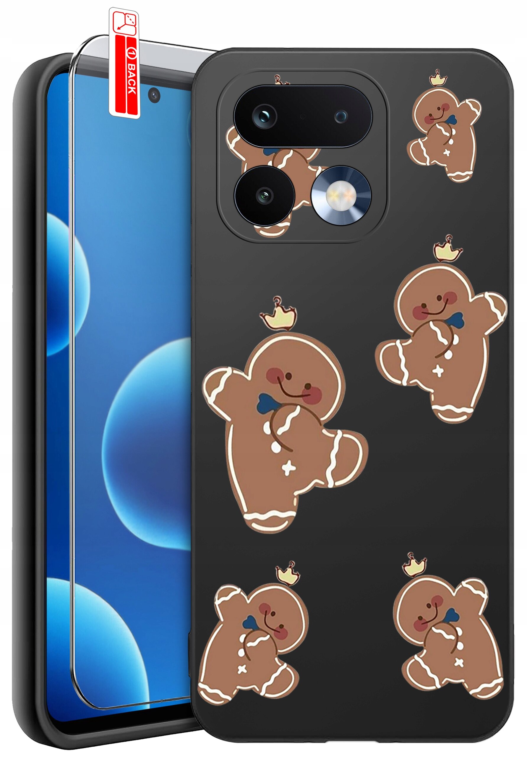 Na obrazie widoczne jest czarne etui na telefon z wzorem przedstawiającym uśmiechnięte piernikowe ludziki w koronach. Obok etui znajduje się szkło ochronne z naklejką \'BACK\'.