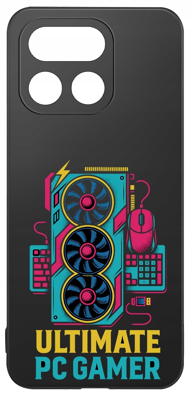 Czarne etui z kolorowym nadrukiem przedstawiającym elementy komputera, takie jak wentylatory, klawiatura i myszka, oraz napis \'ULTIMATE PC GAMER\'.