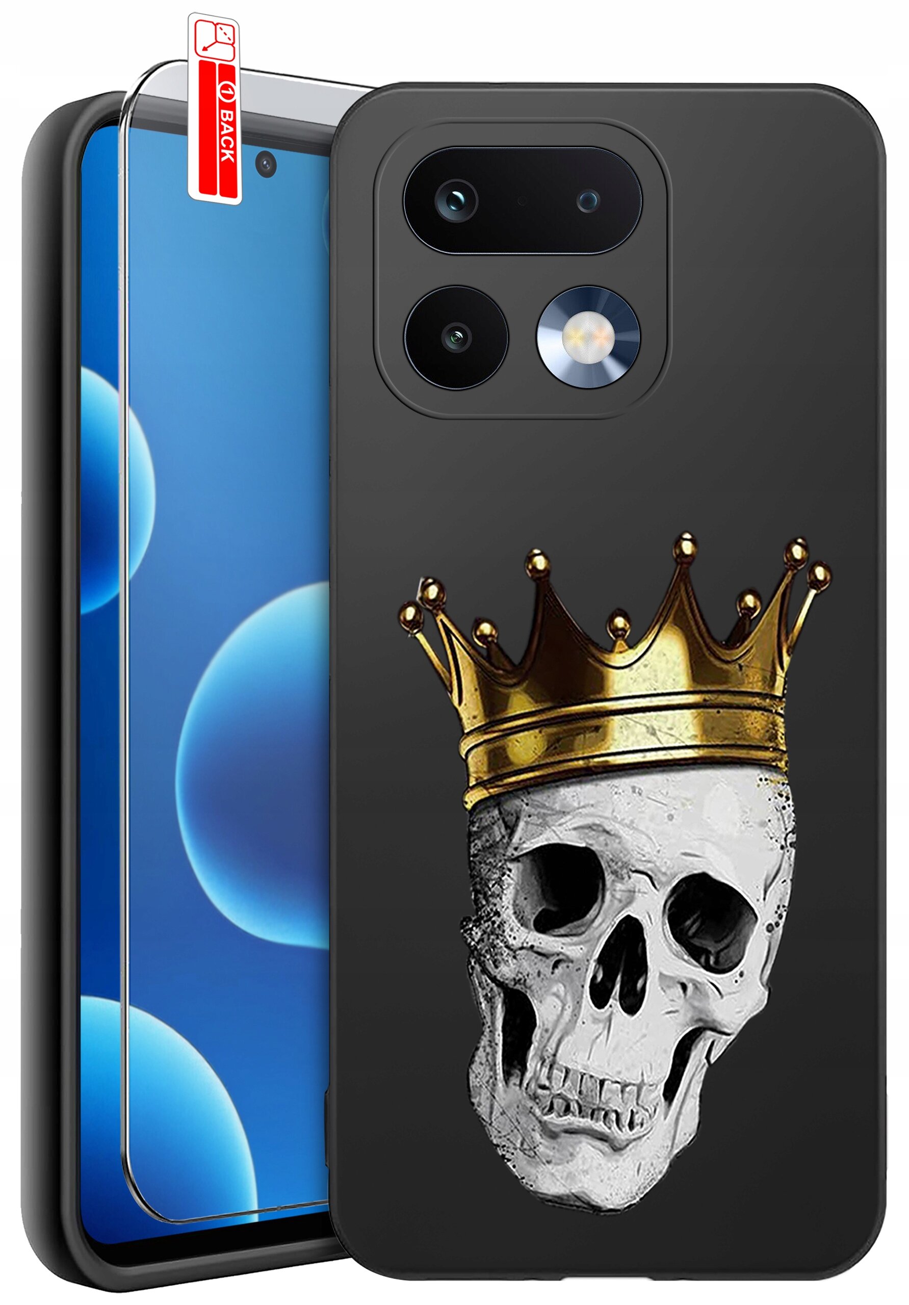 Obraz przedstawia silikonowe etui na telefon z nadrukiem czaszki w złotej koronie. Obok etui znajduje się szkło ochronne z napisem \'BACK\'.