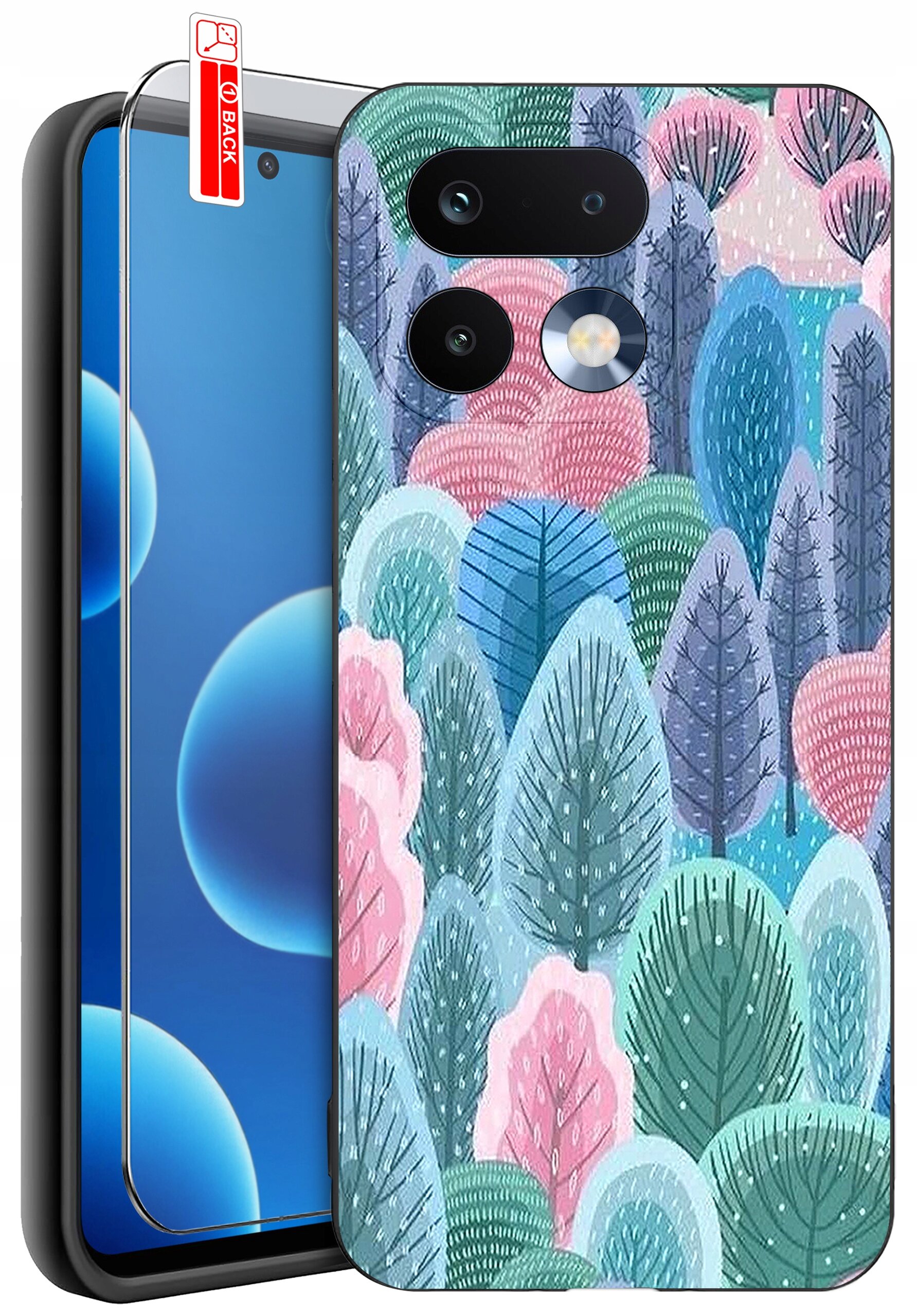 Obraz przedstawia silikonowe etui na telefon z kolorowym wzorem drzew w odcieniach różu, niebieskiego i zieleni. Obok etui znajduje się szkło ochronne z napisem \'BACK\'.