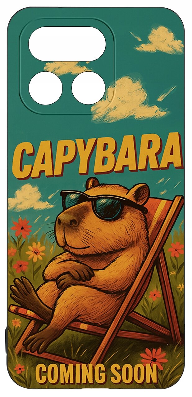 Etui z nadrukiem kapibary w okularach przeciwsłonecznych, siedzącej na leżaku wśród kwiatów. Na etui widnieje tekst: \'CAPYBARA COMING SOON\'.
