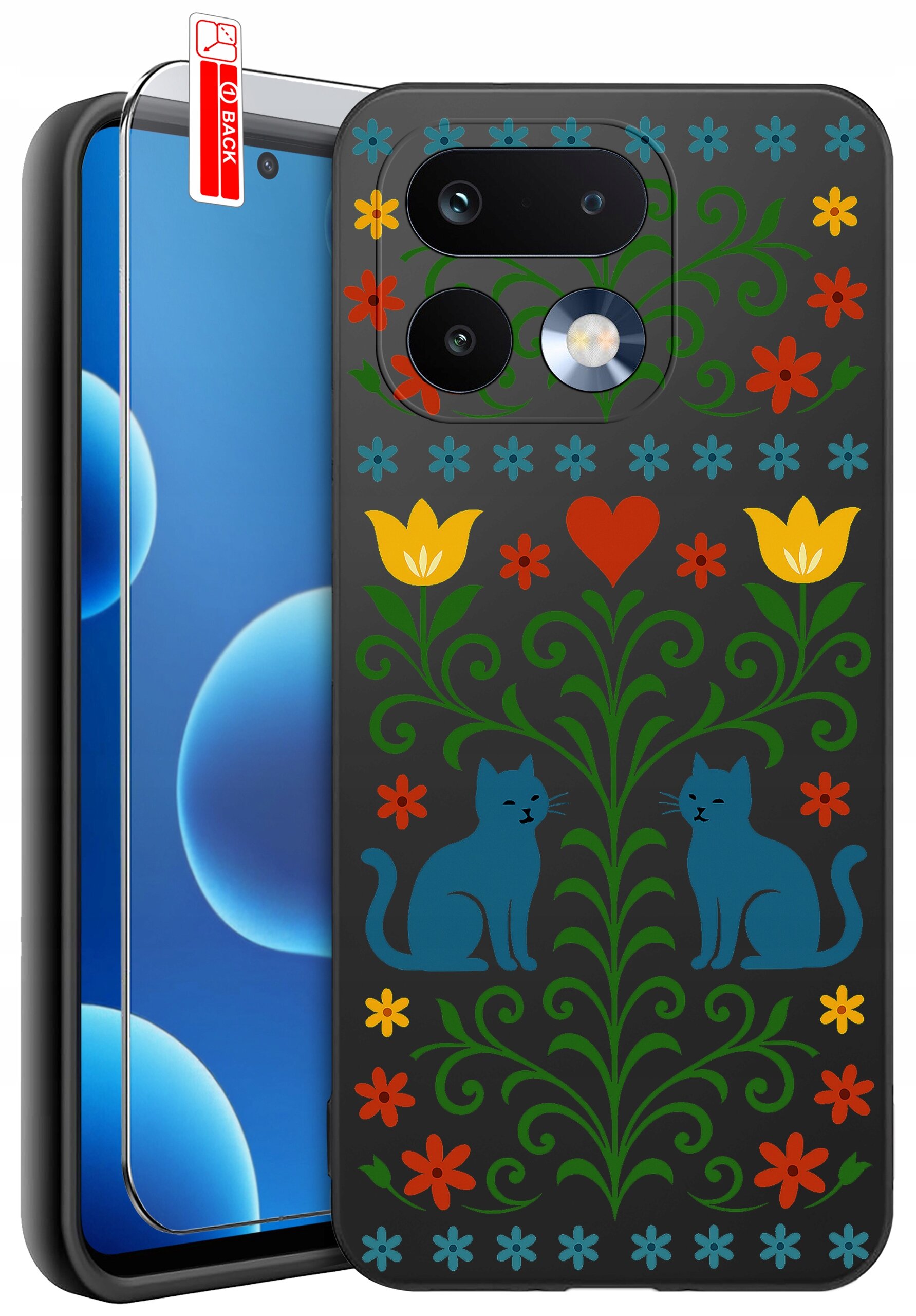 Etui na telefon z kolorowym wzorem przedstawiającym dwa niebieskie koty, kwiaty i serce na ciemnym tle. Obok etui znajduje się szkło ochronne z naklejką \'BACK\'.