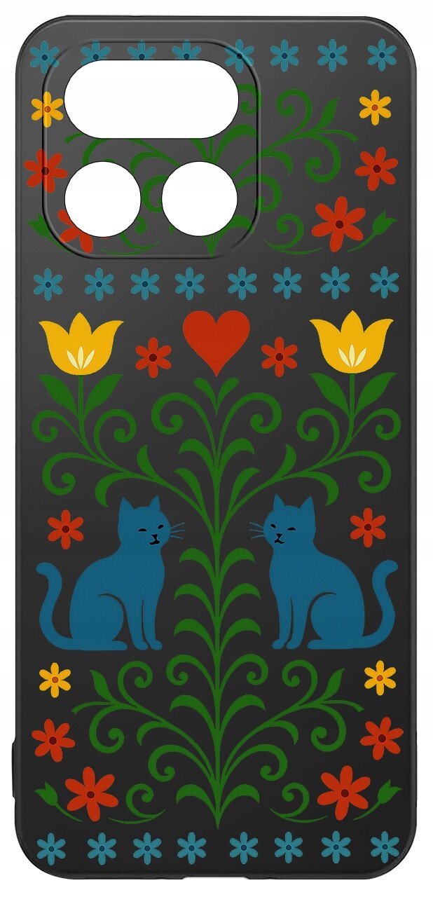Etui na telefon z kolorowym wzorem przedstawiającym dwa niebieskie koty, żółte kwiaty i czerwone serce na czarnym tle. Wzór jest symetryczny i ozdobiony zielonymi liśćmi oraz różnobarwnymi kwiatami.