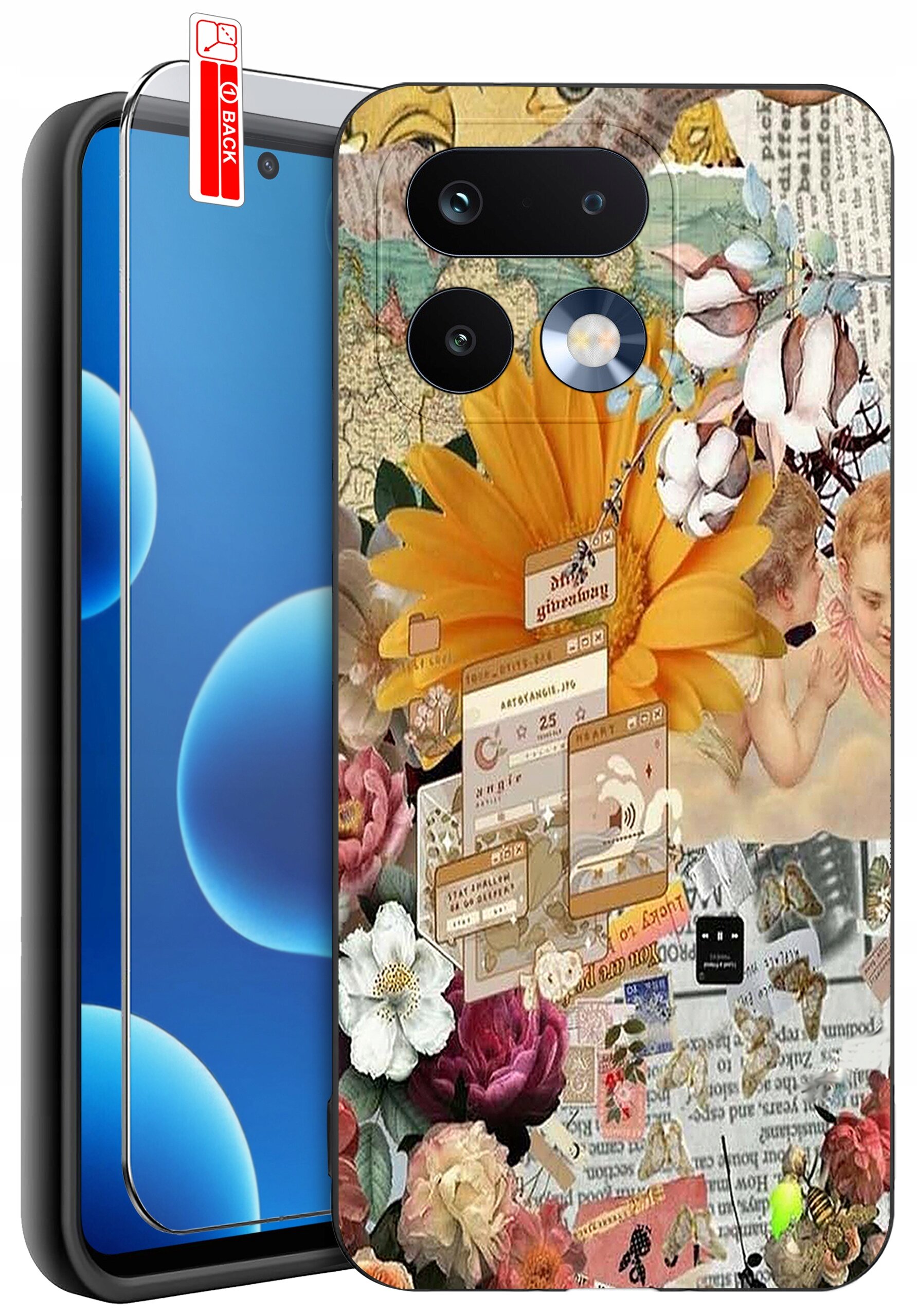 Etui na telefon z kolorowym wzorem przedstawiającym kwiaty, aniołki i elementy graficzne, z wycięciami na aparat. Obok etui znajduje się szkło ochronne z napisem \'BACK\'.