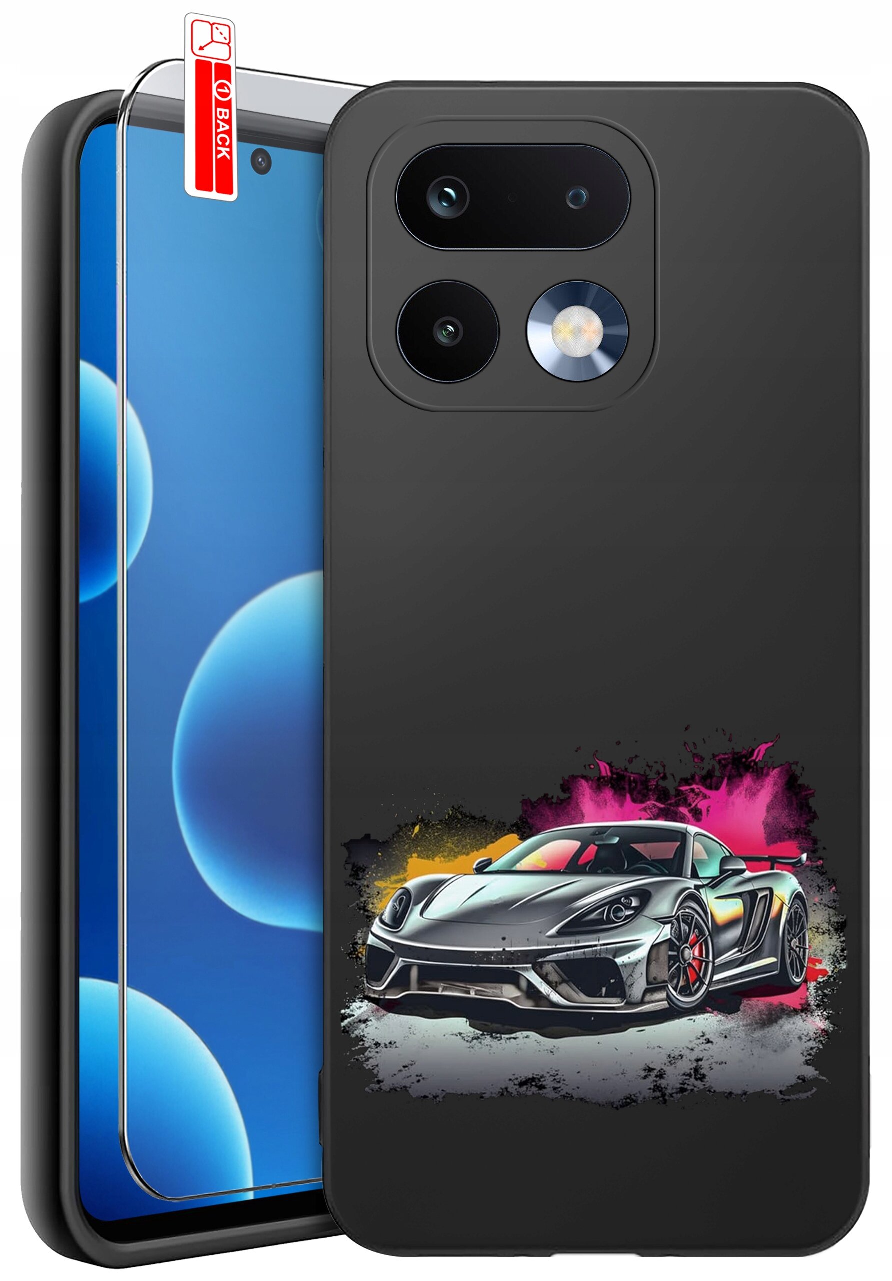 Obraz przedstawia silikonowe etui na telefon z nadrukiem sportowego samochodu na tle kolorowych plam. Obok etui znajduje się szkło ochronne z oznaczeniem \'BACK\'.