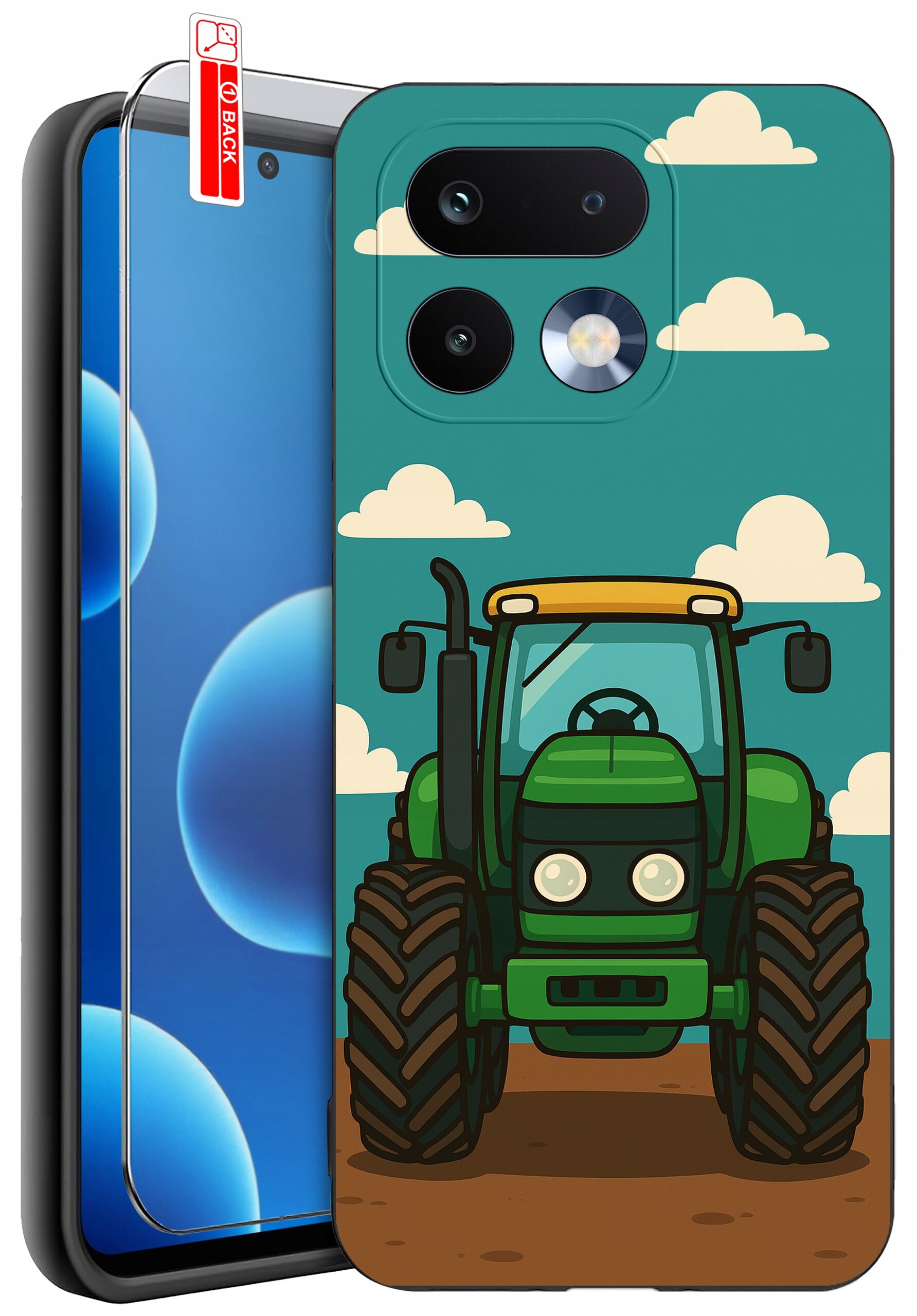 Etui na telefon z nadrukiem zielonego traktora na tle nieba z chmurami. Obok etui znajduje się szkło ochronne z napisem \'BACK\'.