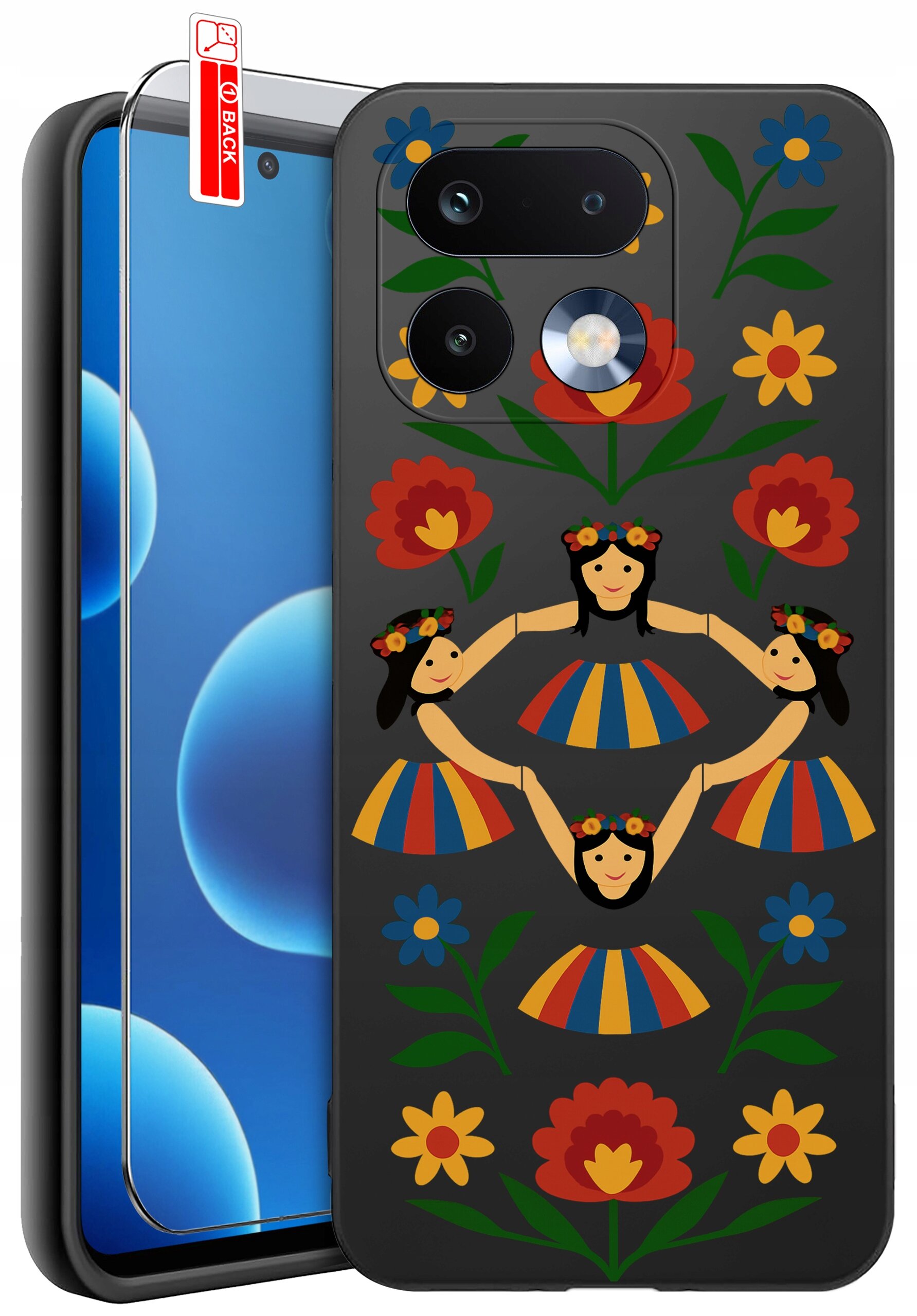 Etui na telefon z kolorowym wzorem przedstawiającym postacie w strojach ludowych i kwiaty. Obok etui znajduje się szkło ochronne z naklejką \'BACK\'.
