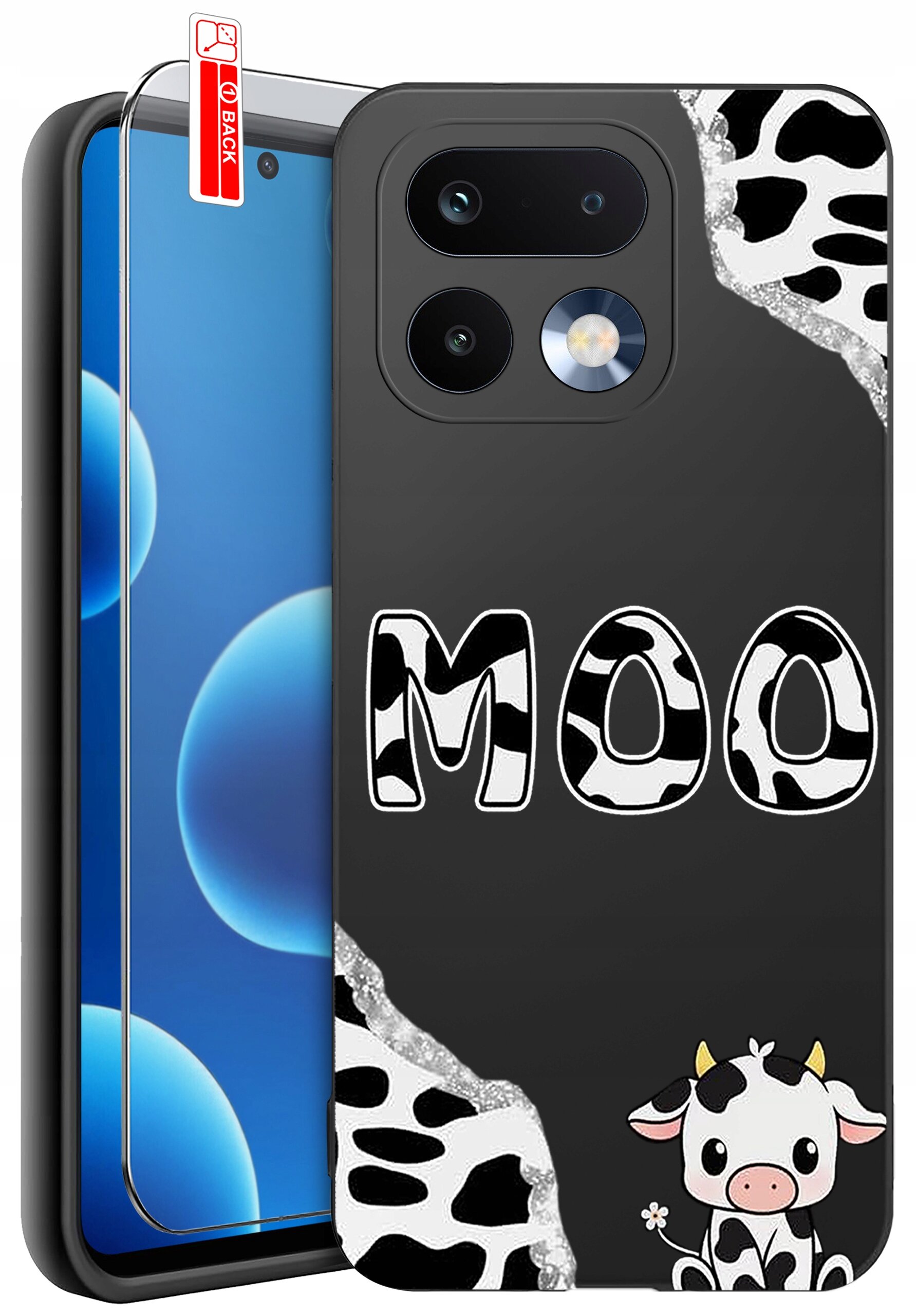Etui na telefon z motywem krowy, z napisem \'MOO\' i grafiką krowy w dolnym rogu. Obok etui znajduje się szkło ochronne z oznaczeniem \'BACK\'.