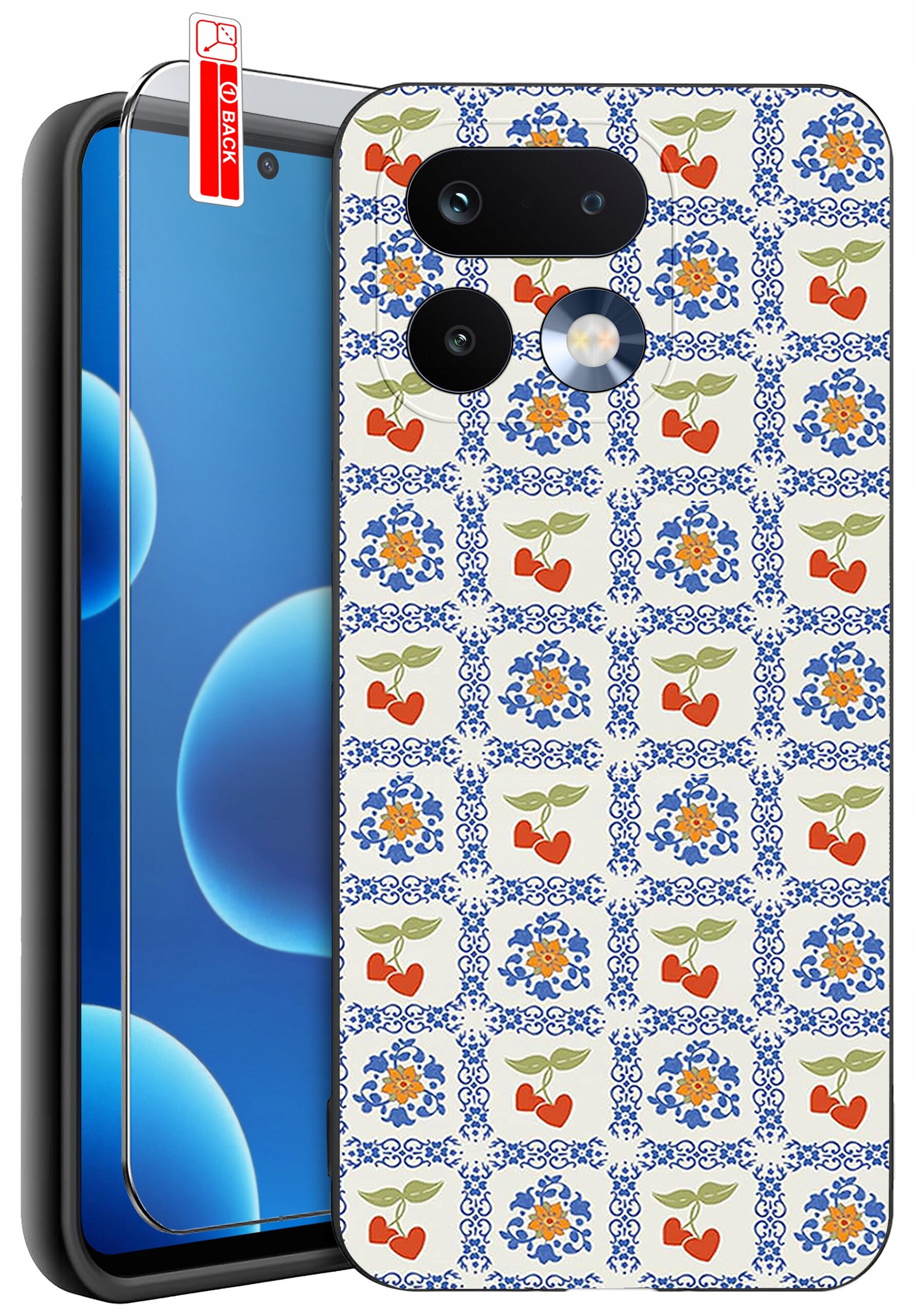Obraz przedstawia telefon z nałożonym etui o wzorze z kolorowymi kwiatami i owocami oraz szkło ochronne z napisem \'BACK\'.
