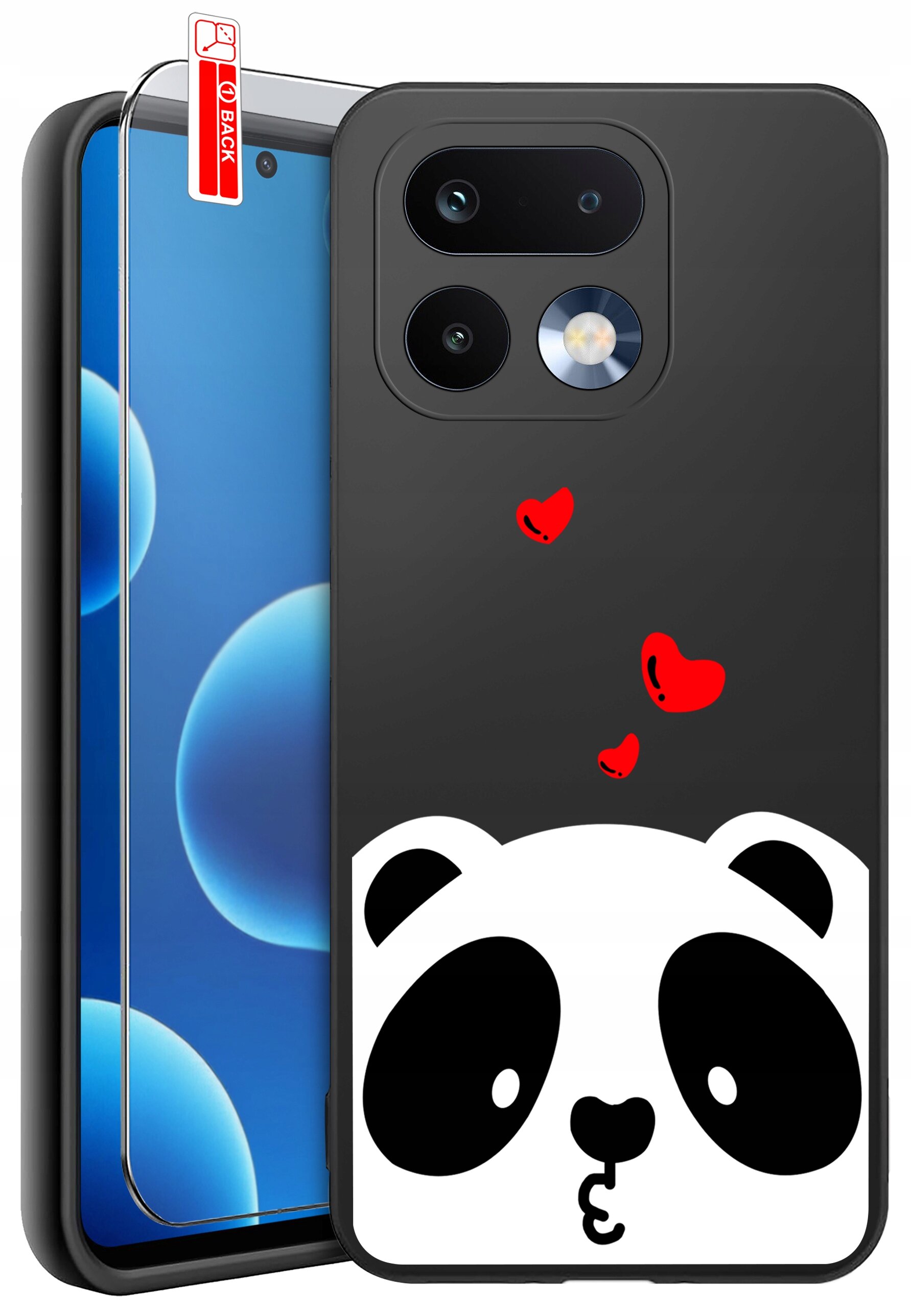 Obraz przedstawia czarne etui na telefon z nadrukiem pandy i czerwonymi serduszkami. Obok etui znajduje się szkło ochronne z napisem \'BACK\'.