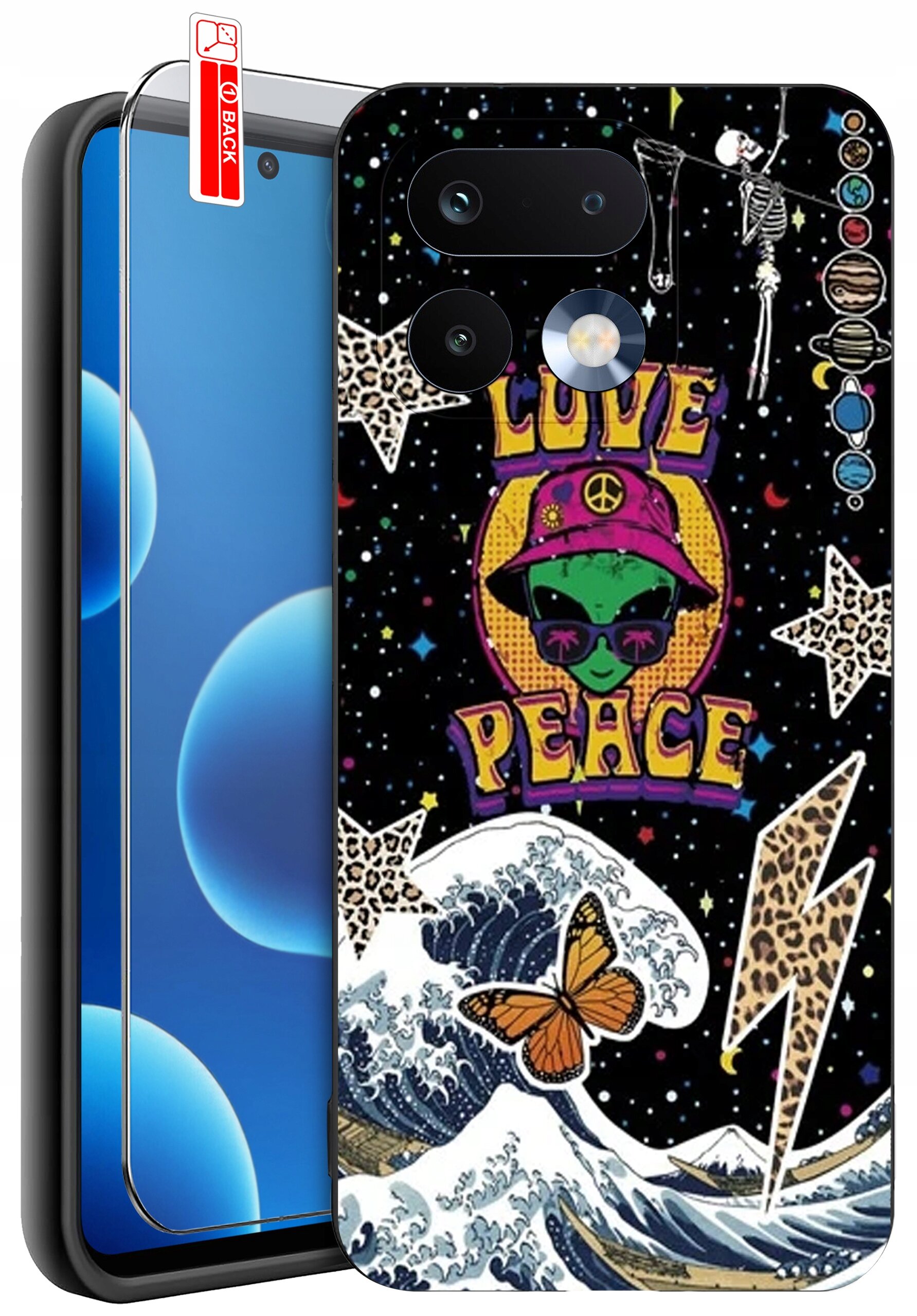 Etui na telefon z kolorowym wzorem przedstawiającym kosmitę w kapeluszu z symbolem pokoju, napis \'LOVE PEACE\', fale, motyla i gwiazdy. Obok etui znajduje się szkło ochronne z etykietą \'BACK\'.