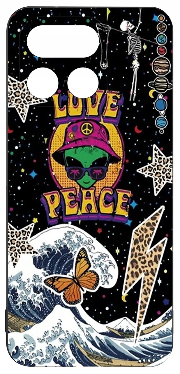 Etui z kolorowym wzorem przedstawiającym zielonego kosmitę w kapeluszu, napis \'LOVE PEACE\', fale, motyla, gwiazdy i błyskawicę. Tło jest czarne z kolorowymi elementami i planetami.