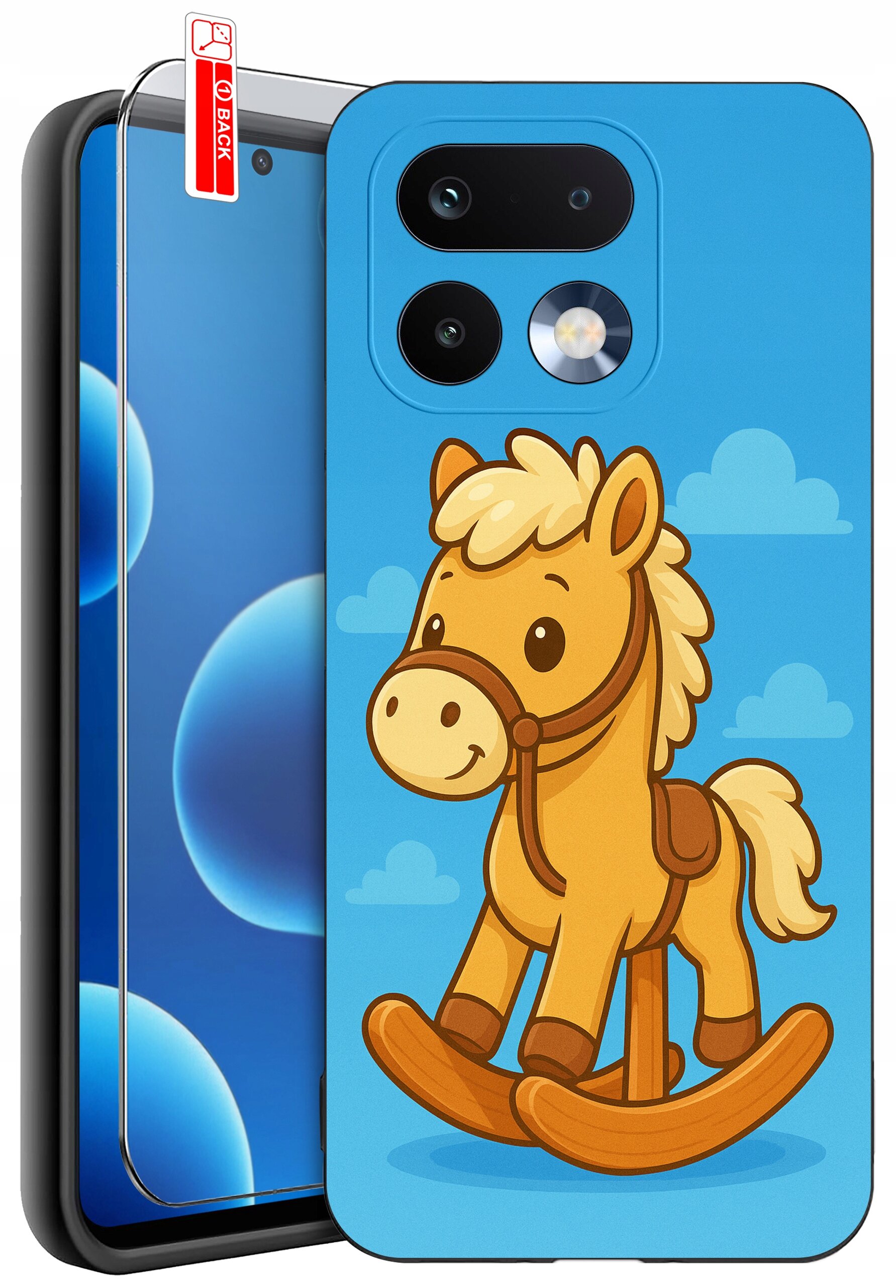 Na obrazie widoczne jest silikonowe etui na telefon z niebieskim tłem i grafiką konika na biegunach. Obok etui znajduje się szkło ochronne z napisem \'BACK\'.