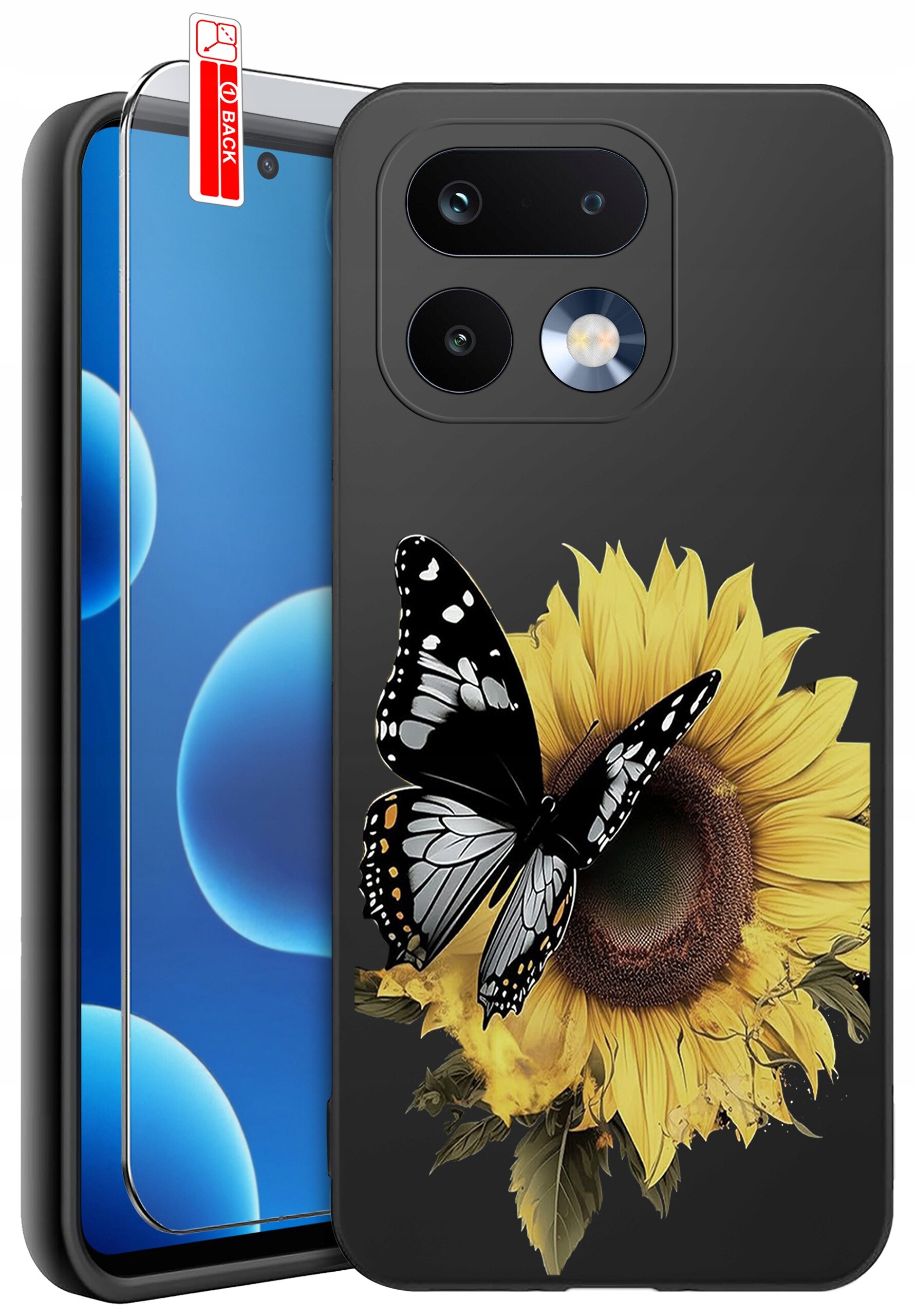Etui na telefon z motywem słonecznika i czarno-białego motyla. Obok znajduje się szkło ochronne z napisem \'BACK\'.