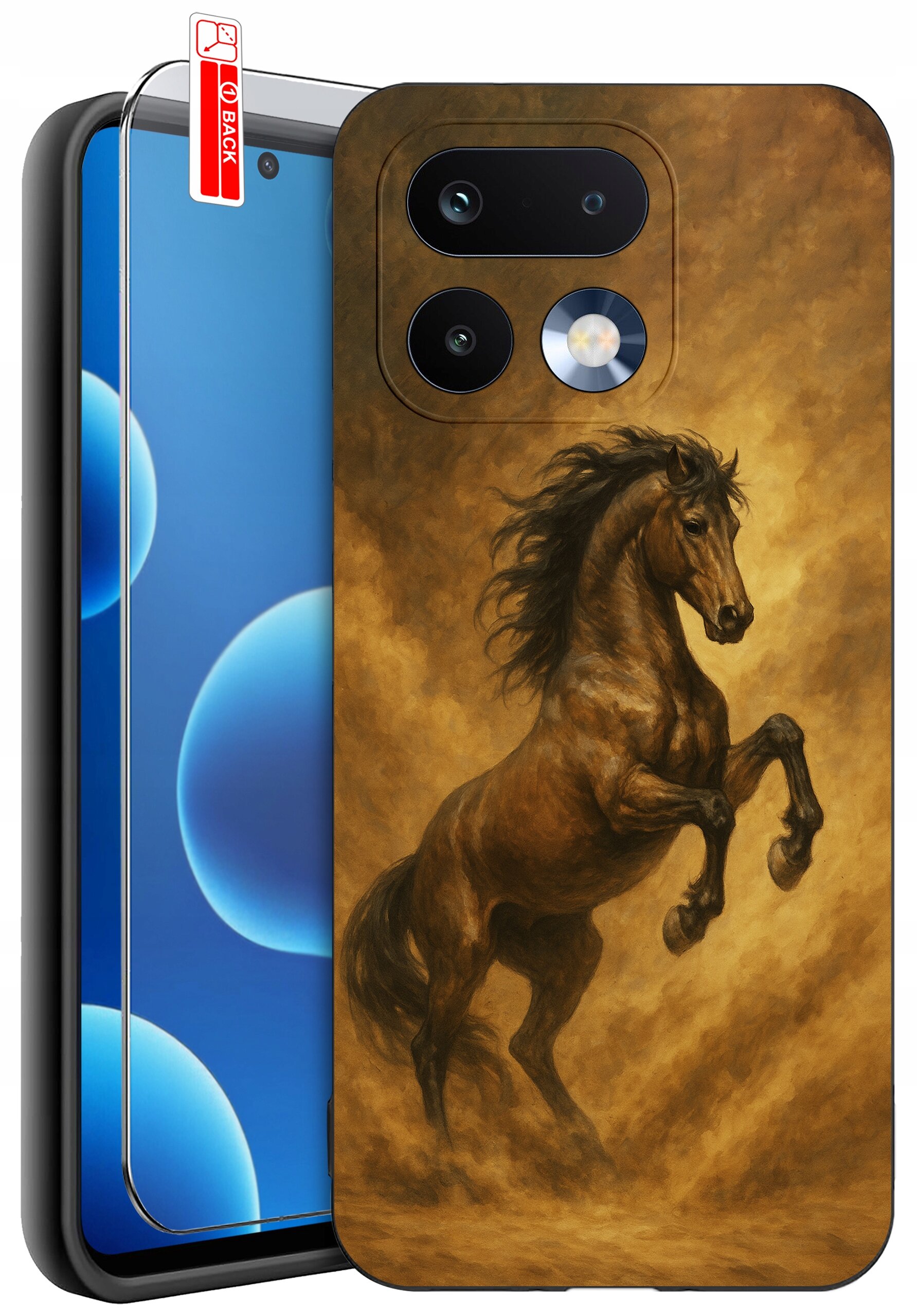 Etui na telefon z nadrukiem konia na tle brązowych chmur, obok widoczne szkło ochronne z napisem \'BACK\'.