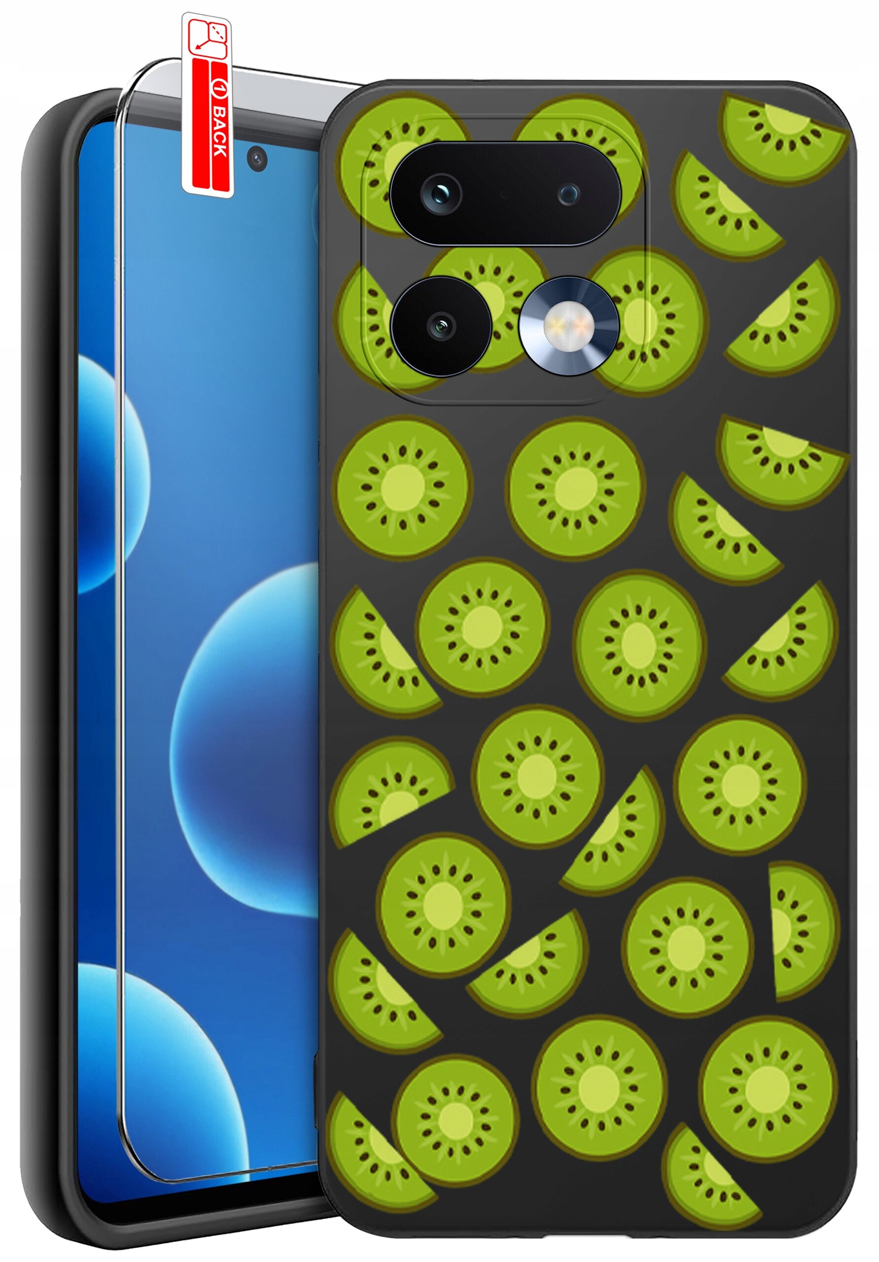 Etui na telefon z wzorem zielonych plasterków kiwi na ciemnym tle, obok znajduje się szkło ochronne z napisem \'BACK\'.