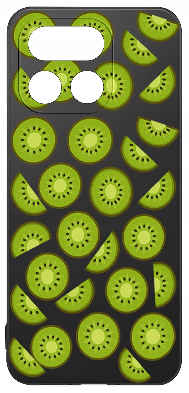 Etui na telefon z wzorem przedstawiającym plasterki kiwi na ciemnym tle. Etui ma wycięcia na aparat i przyciski.