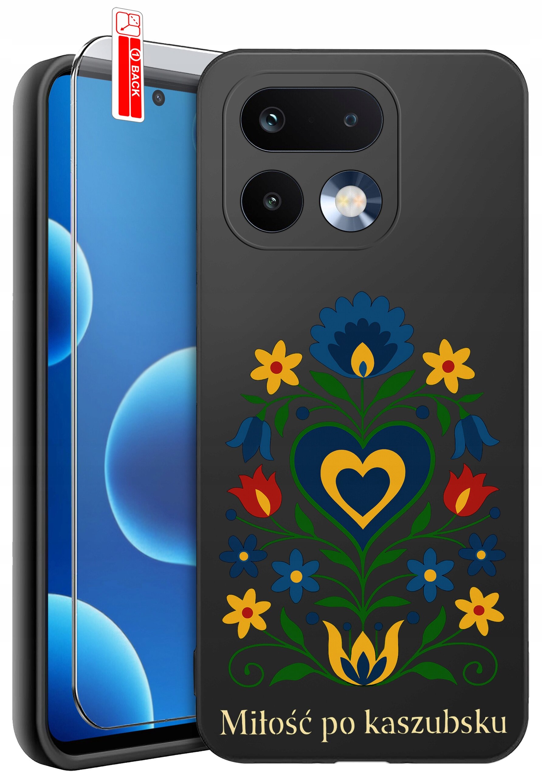 Etui na telefon z kolorowym, ludowym wzorem kwiatowym oraz napisem \'Miłość po kaszubsku\'. Obok etui znajduje się szkło ochronne z oznaczeniem \'BACK\'.
