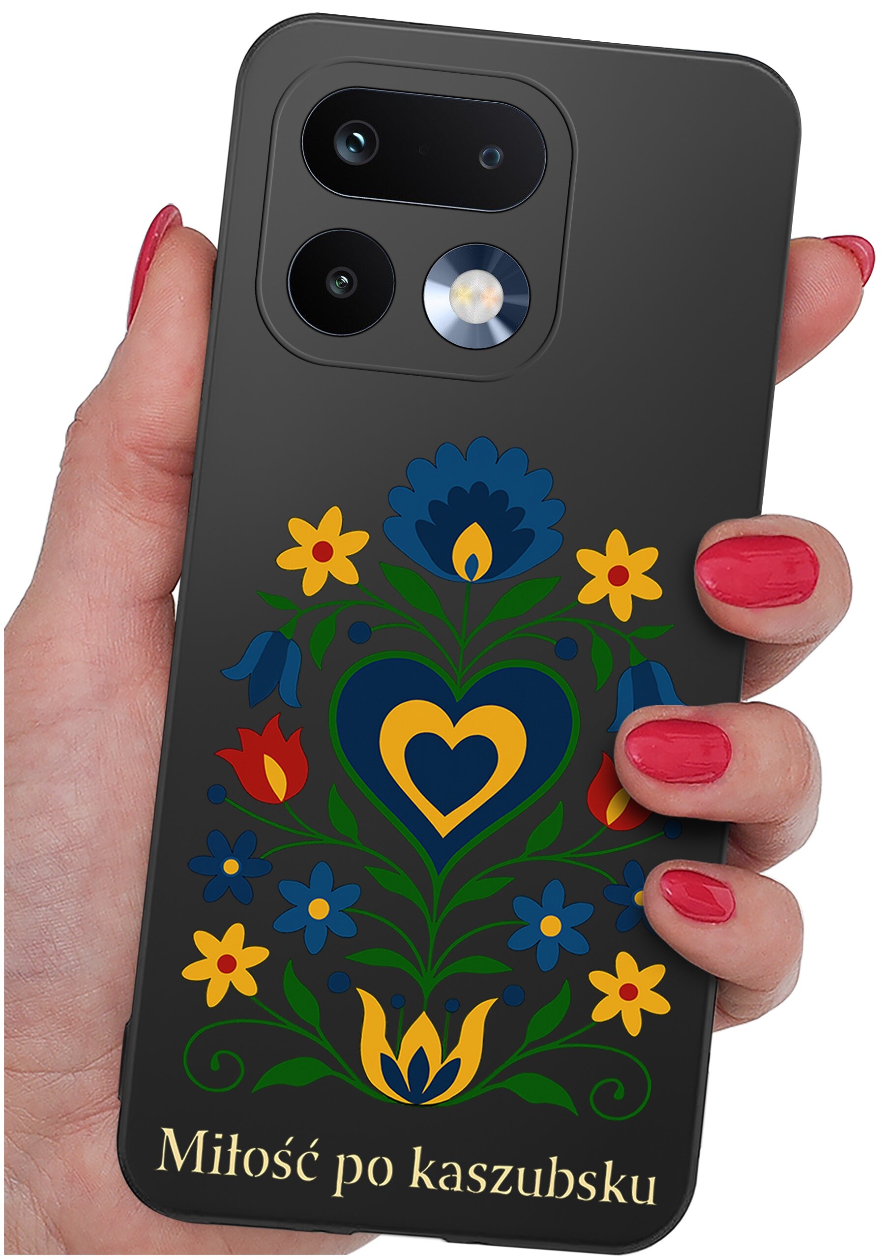 Etui na telefon z kolorowym, ludowym wzorem kwiatowym i napisem \'Miłość po kaszubsku\'.