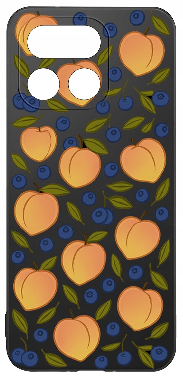 Etui na telefon z wzorem przedstawiającym brzoskwinie i jagody na ciemnym tle. Etui ma wycięcia na aparat i przyciski.