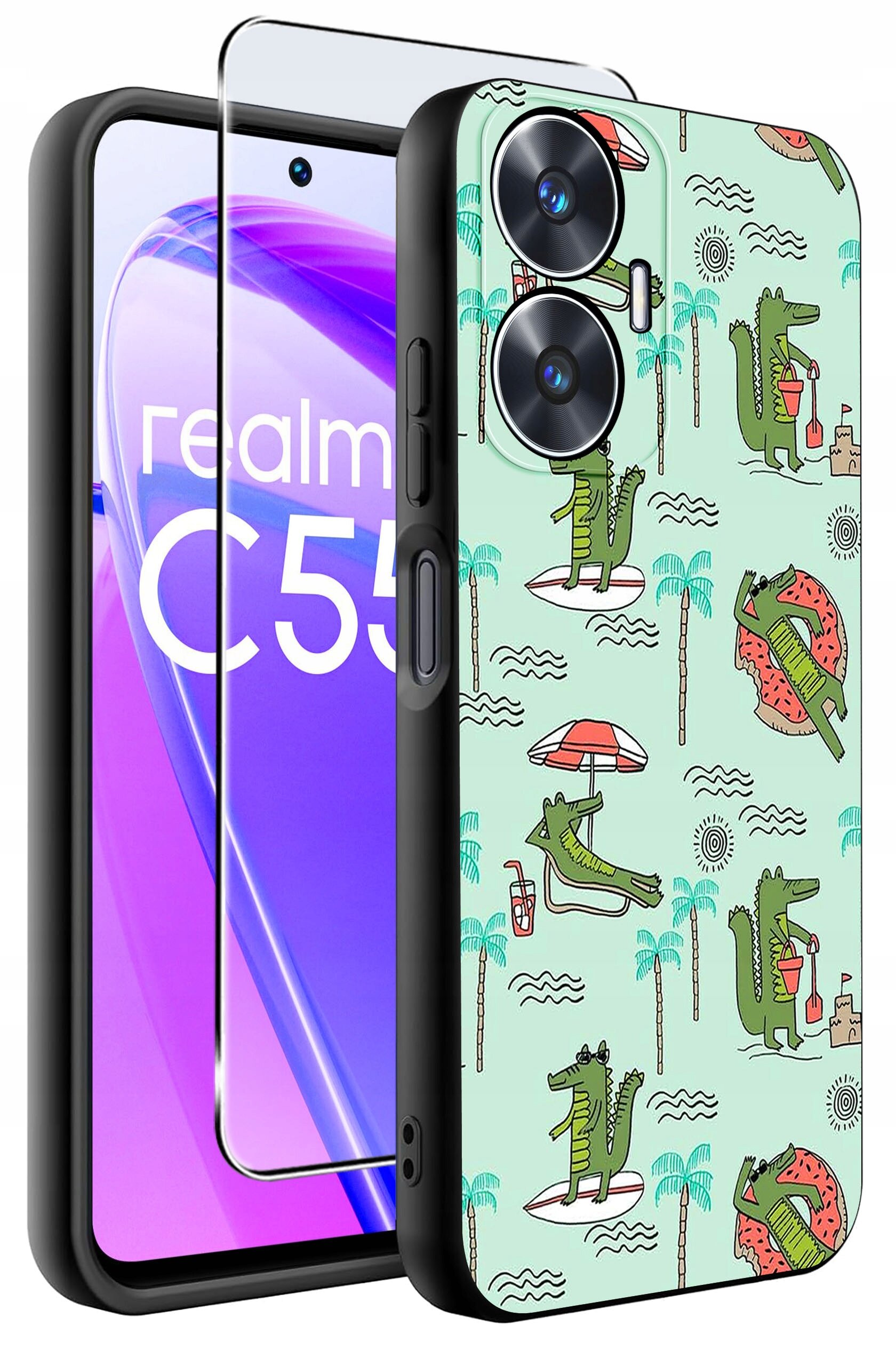 Obraz przedstawia etui na telefon z wzorem krokodyli na tle palm i plażowych motywów. Obok znajduje się szkło ochronne na ekran, a na ekranie telefonu widoczny jest napis \'realme C55\'.