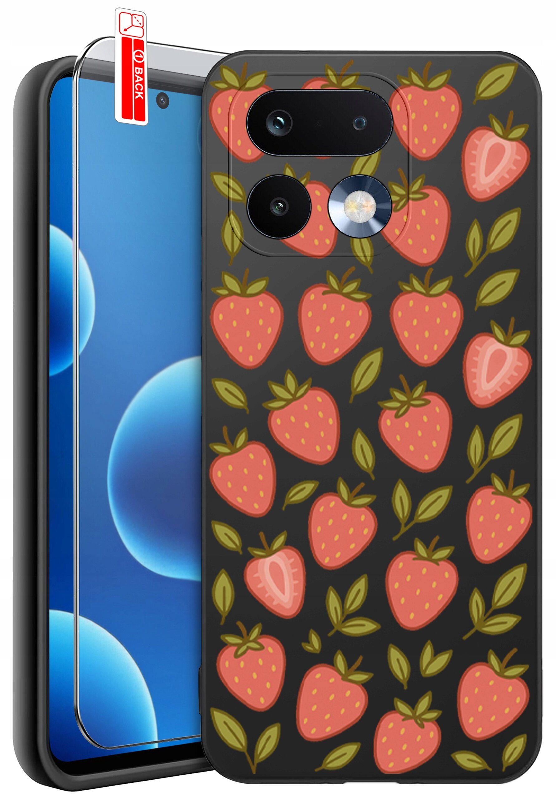 Etui na telefon z wzorem truskawek i liści na ciemnym tle, obok którego znajduje się szkło ochronne z napisem \'BACK\'.