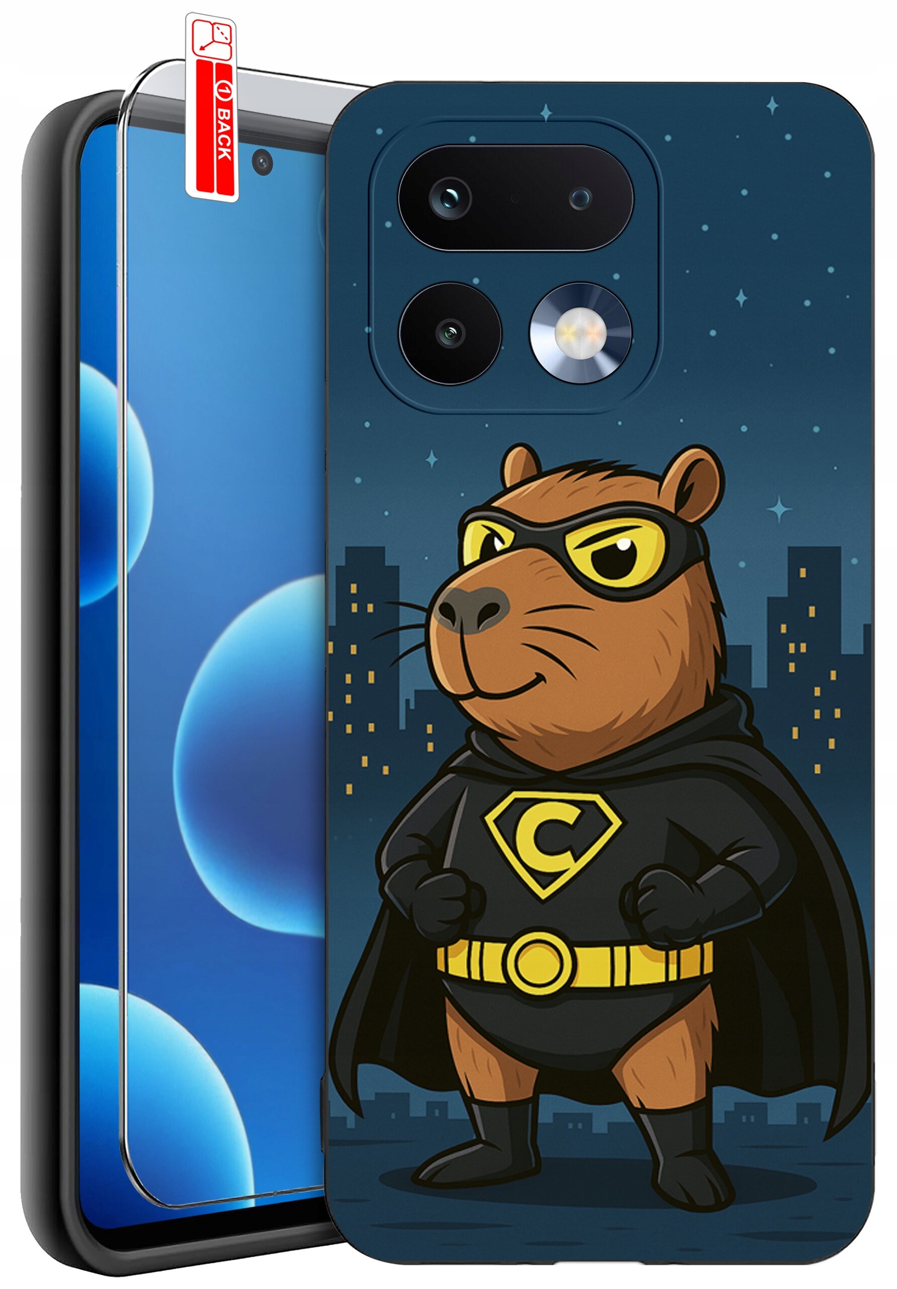 Etui na telefon z nadrukiem superbohatera w postaci zwierzęcia w pelerynie i masce, na tle nocnego miasta. Obok znajduje się szkło ochronne z oznaczeniem \'BACK\'.