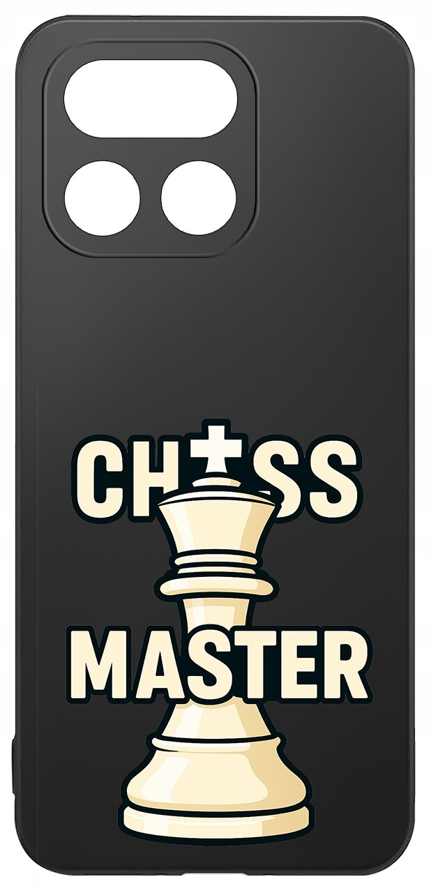 Czarne etui z napisem \'CHESS MASTER\' oraz grafiką białej figury szachowej. Etui ma wycięcia na aparat i lampę błyskową.