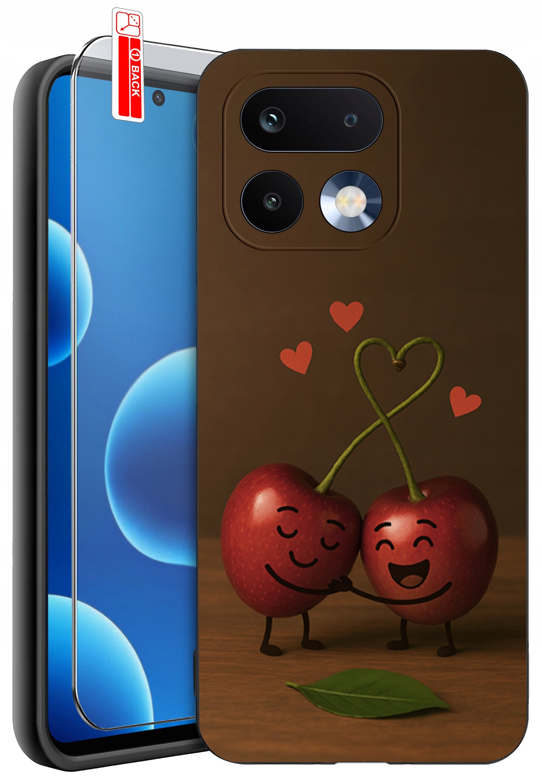 Etui na telefon z grafiką dwóch uśmiechniętych wiśni trzymających się za ręce, z serduszkami nad nimi. Obok znajduje się szkło ochronne z napisem \'BACK\'.