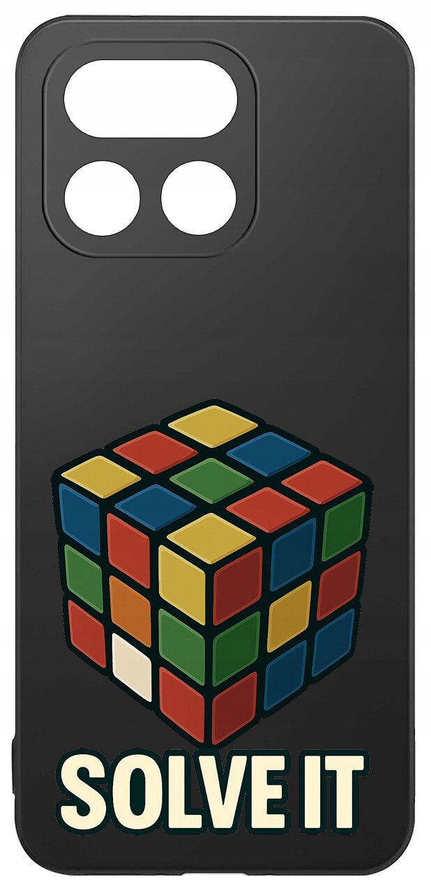 Czarne etui z kolorowym wzorem kostki Rubika i napisem \'SOLVE IT\'.