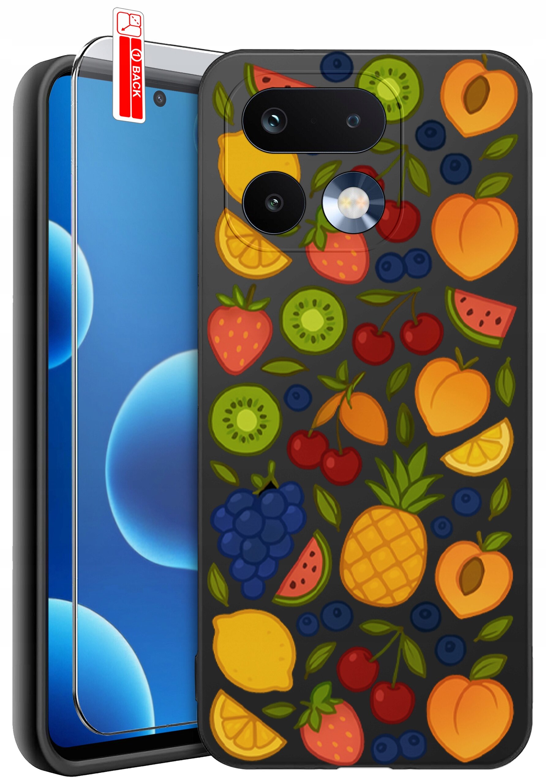 Etui na telefon z kolorowym wzorem owoców, takich jak ananasy, truskawki, kiwi i winogrona. Obok etui znajduje się szkło ochronne z oznaczeniem \'BACK\'.